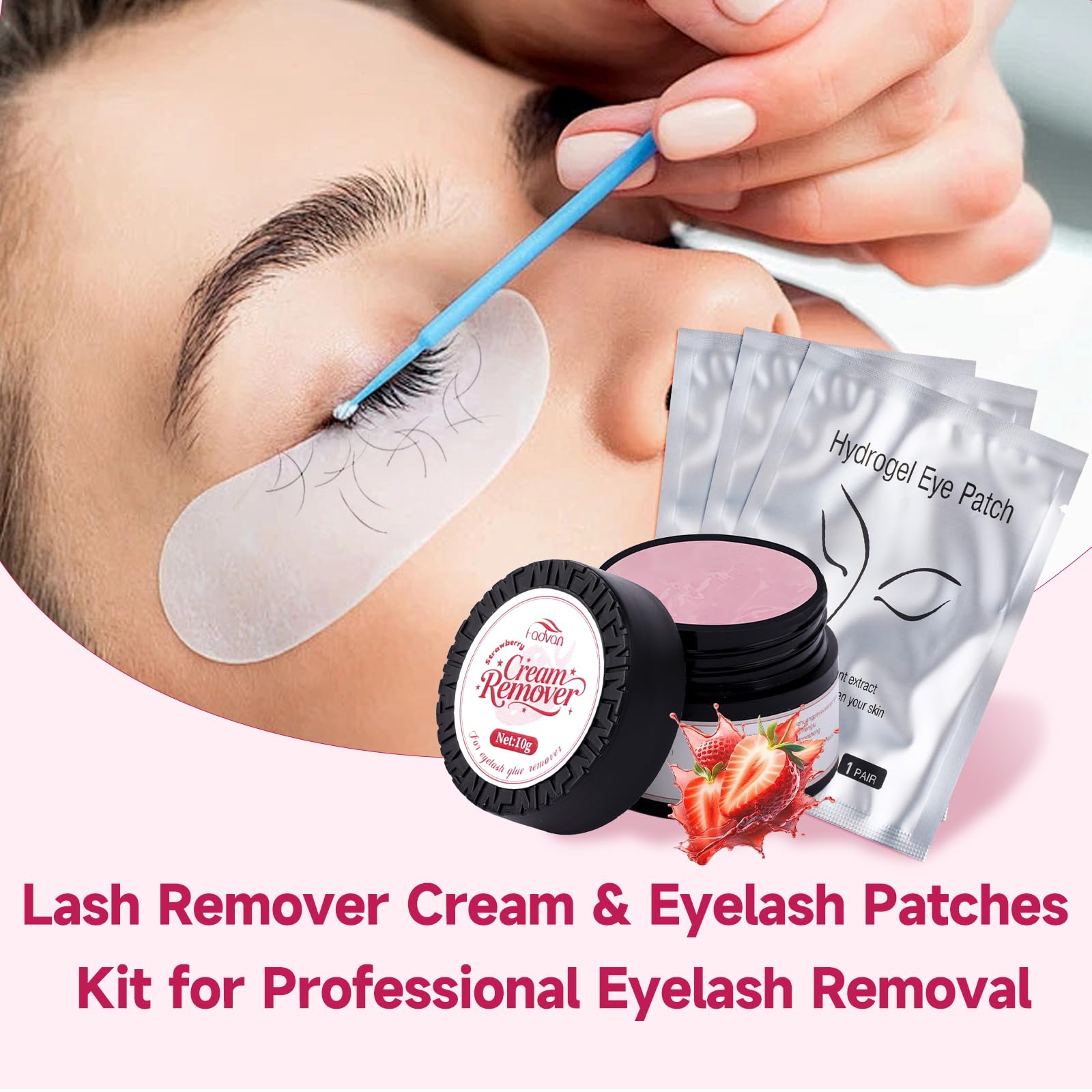 FADVAN Crema Remover Ciglia Finte Extension 10g e Patch Occhi 50pcs - Fragole Rimozione Lashes Glue,Patches Occhi Rimuovere Ciglia,Strumento Kit Perfetto per Struccarsi le Ciglia