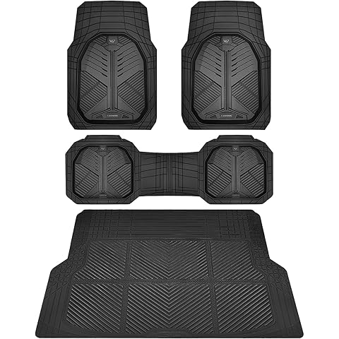 CAR PASS Heavy Duty Rubber Car Mats with Cargo Liner, Deep-Dish Car Floor Mats and Trunk Mat All Weather, Universal Trim-to-Fit for SUVs Trucks Sedans, Waterproof Anti-Slip, Trimmable V12 Black