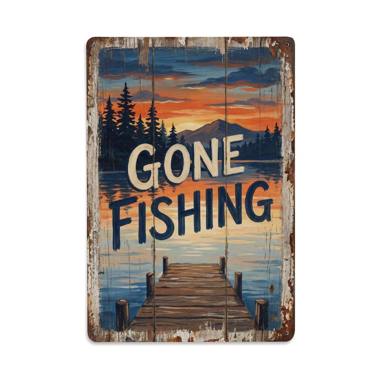 Gone Fishing Retro Lake House Vintage Metal Tin Sign Plaque Wall Decor for Cafe, Club, Garden Metal Poster 8x12Inch
