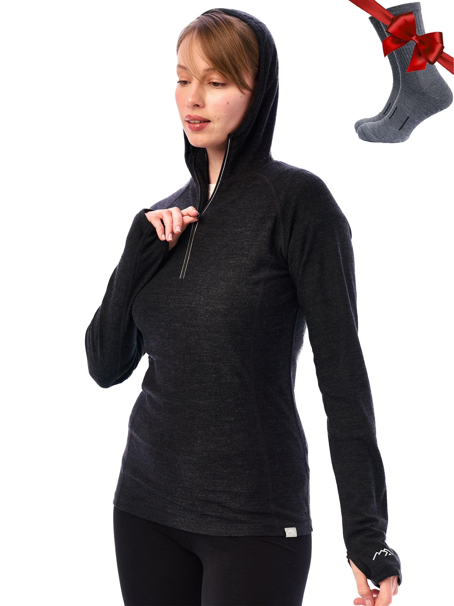 Merino.techMerino Wool Hoodie Women - Slim Fit 100% Merino Wool Base Layer Women Half Zip Thermal Long Sleeve Shirt & Socks