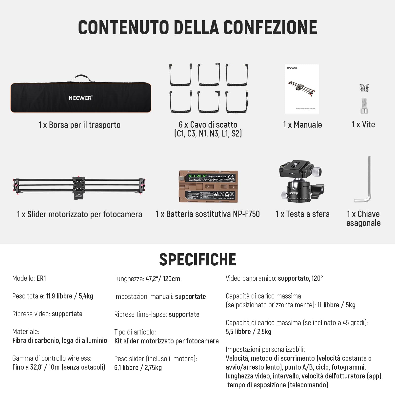 NEEWER 120cm Camera Slider Motorizzato, Controllo App, Binario Dolly DSLR in Fibra Carbonio con Batteria F750 4400mAh (Caricabatterie Non Incluso), Supporta Modalità Video/Fotografia Time Lapse, ER1