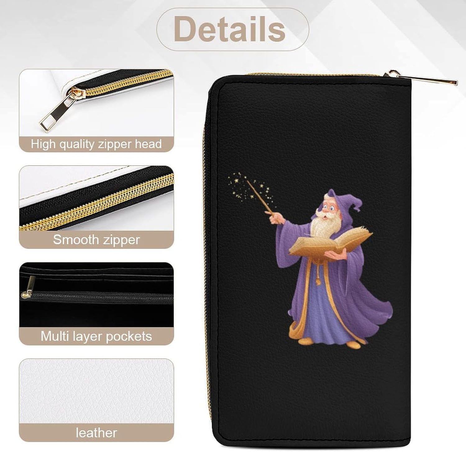 Cartoon Wizard1 Long Zippered Pouch for Men And Women Large Clutch Cash Wallet with Credit Card Slots