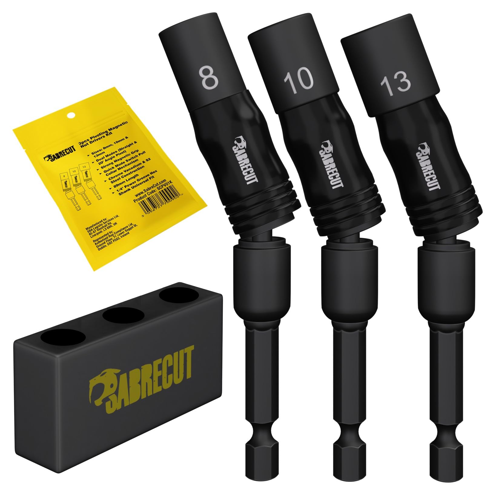 3 x SabreCut SCPV01K 8mm 10mm 13mm Pivoting Magnetic Nut Drivers Kit with Holder - Quick Switch Pull Collar Dual Mode (Straight and 20 Degrees Pivot) 89mm Magnetic 1/4" Hex Shank Socket Drivers Set