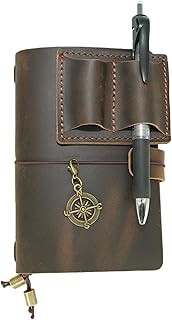 JJNUSA Reisetagebuch, A6, 10,4 x 14,7 cm, handgefertigt, echtes Leder, Tagebuch, 10,5 x 14,8 cm, nachfüllbar, Reisetagebuch-Einband mit Innentaschen und Kartenfächern und Stifthalter