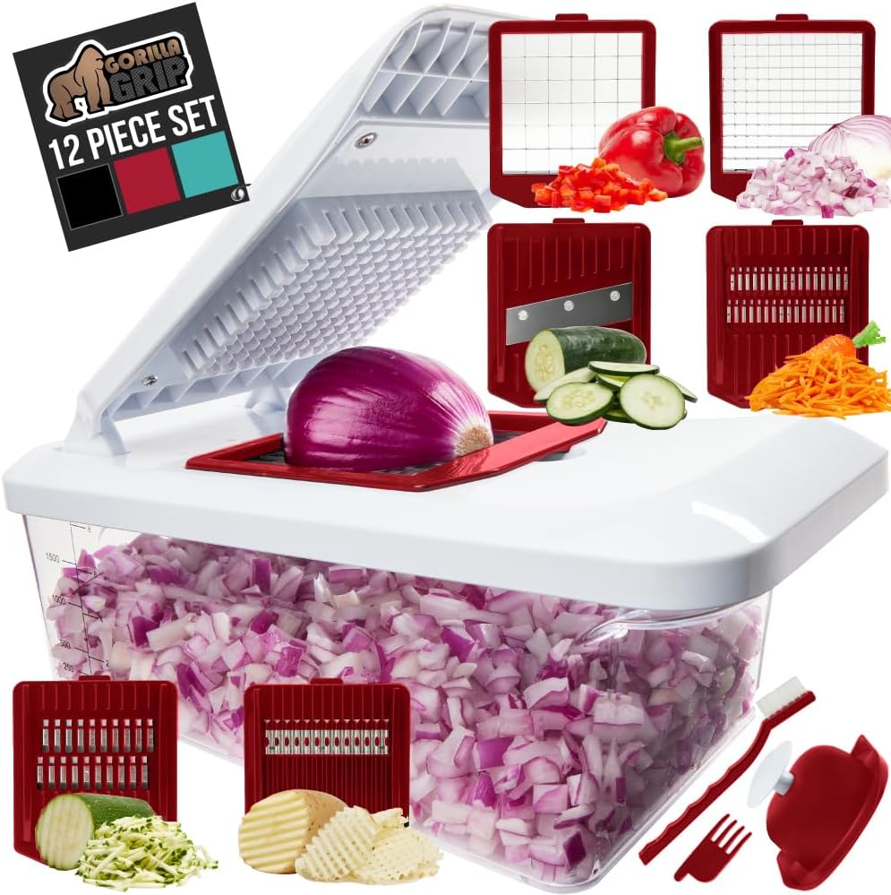 GORILLA GRIP Heavy Duty 12-in-1 Vegetable Chopper, 6 Blades, Food Choppers with Container, Cucumber Mandoline Slicer, Dice Onions, Slice Veggies, Chop Salad, Home Essential Kitchen Gadgets Tool, Red GORILLA GRIP Heavy Duty 12-in-1 Vegetable Chopper, 6 Blades, Food Choppers with Container, Cucumber Mandoline Slicer, Dice Onions, Slice Veggies, Chop Salad, Home Essential Kitchen Gadgets Tool, Red