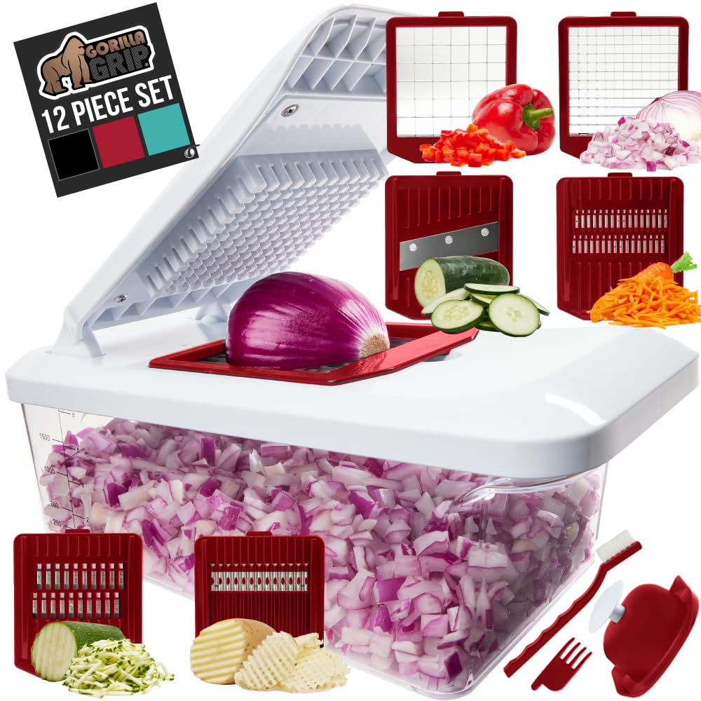 GORILLA GRIP Heavy Duty 12-in-1 Vegetable Chopper, 6 Blades, Food Choppers with Container, Cucumber Mandoline Slicer, Dice Onions, Slice Veggies, Chop Salad, Home Essential Kitchen Gadgets Tool, Red