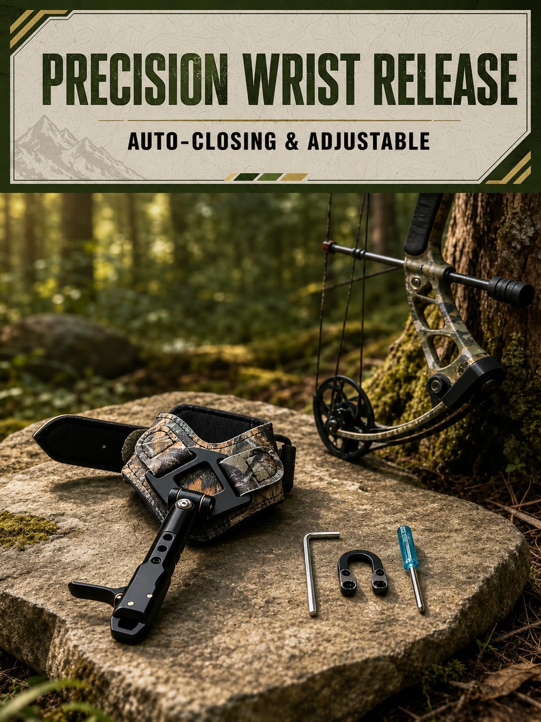 NOVASPARK Compound Bow Release Aid with Adjustable Trigger and Wrist Strap | Metal Buckle, Polished Caliper Jaws, 3-Position Length Adjustment, Ambidextrous Camo Release for Hunting and Target Practice