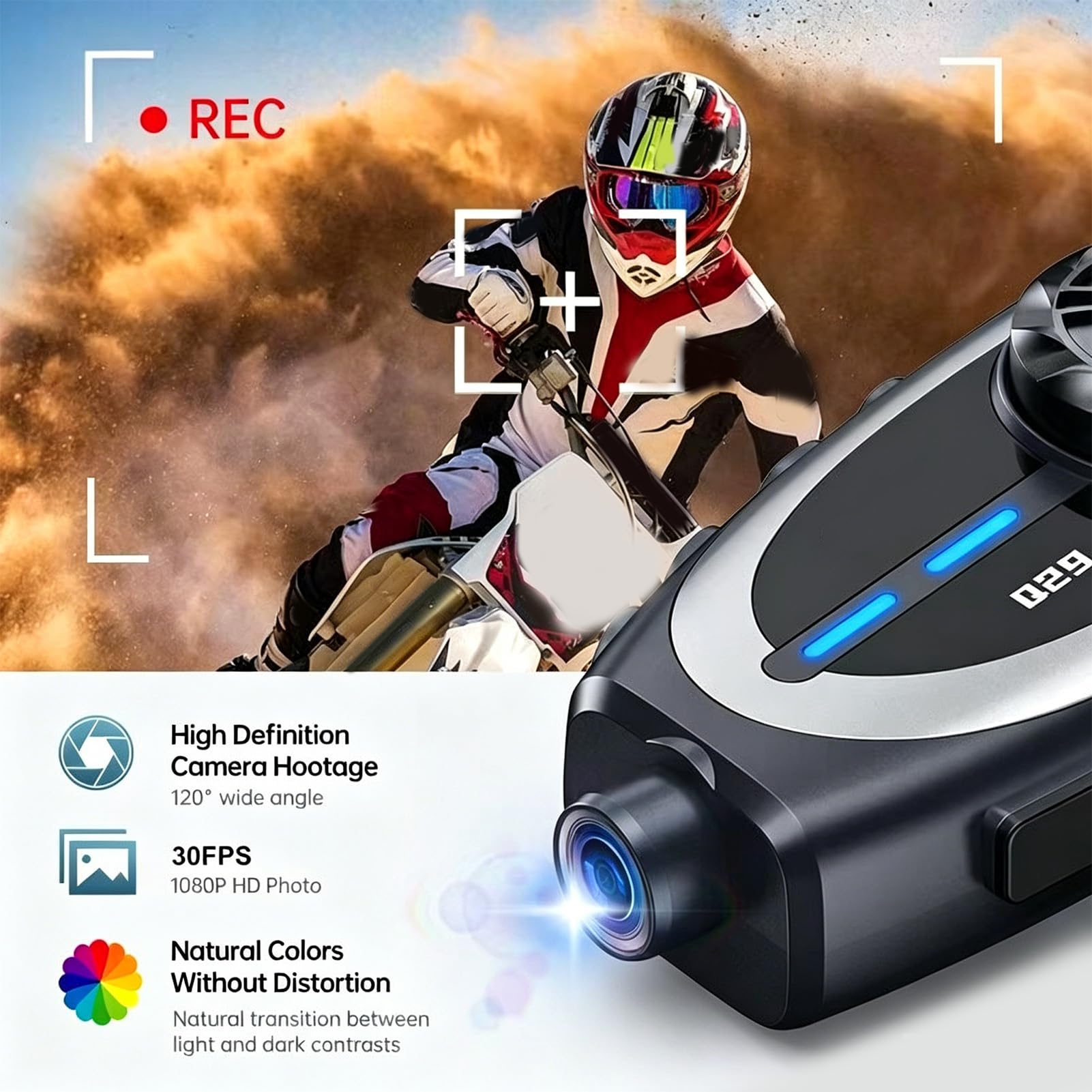 Elprico Fotocamera con Auricolare Bluetooth per Casco da Moto, Ricarica Rapida 1080P IPX6, Riduzione del Rumore con Doppio Microfono, Batteria da 1500 MAh, Altoparlanti da 40 Mm, PC ABS,