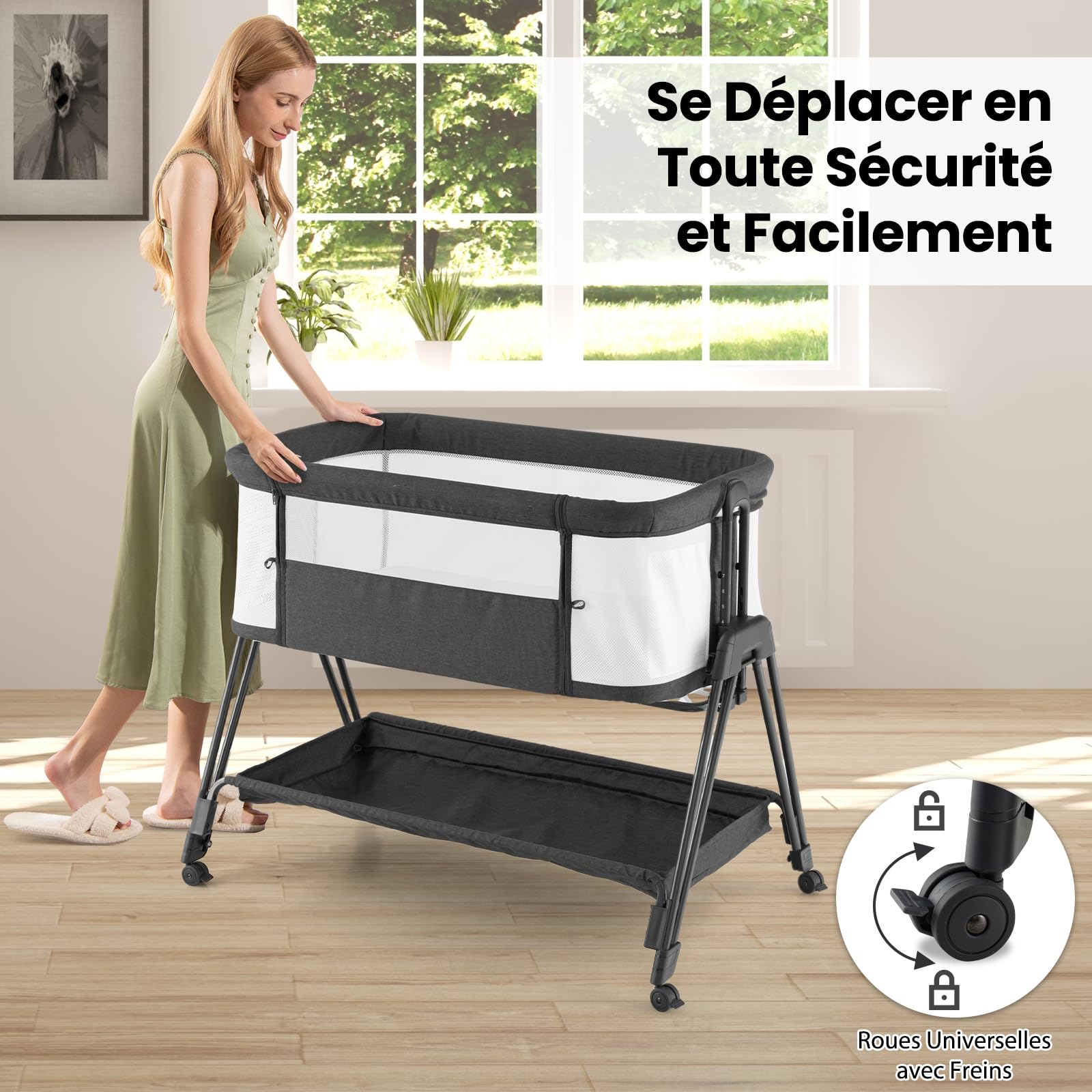 DREAMADE Lit Cododo Pliable Bébé 0-6 Mois avec Matelas Berceau Nouveau-Nés Portable avec Hauteur Réglable,Roues Universelles Lit Parapluie avec Fenêtre en Maille,Corde Fix,Charge 9+2KG (Gris Foncé)