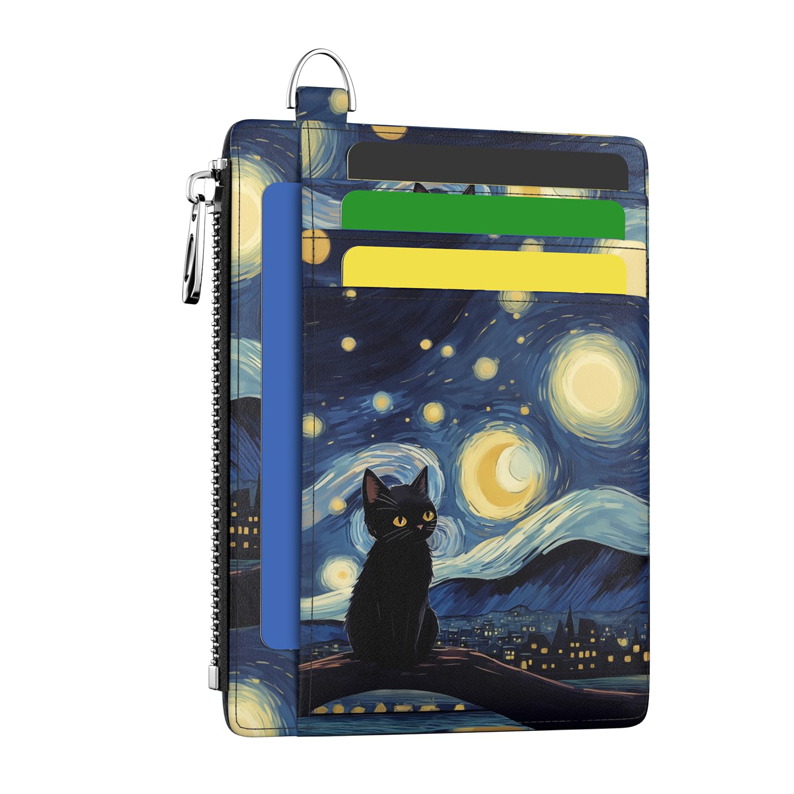Hancynir Slim Wallet Women Credit Card Holder Black Cat Starry Night RFID Small Mini Card Case Front Pocket