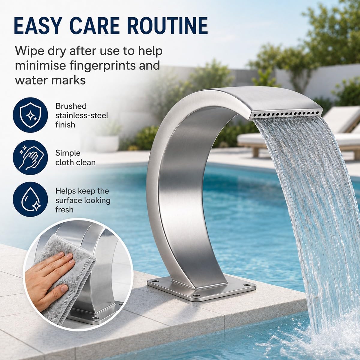 Lame d’Eau Cascade Piscine – Fontaine Cascade Acier Inoxydable 304 – Nappe d’Eau Monofil – Choix 1.5″– Compatible LED DIY, Pompe Externe Non Incluse, Connecteur Gratuit