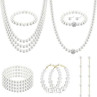 Pearl Jewelry Set with 2Pcs Faux Pearl Necklace, 2Pcs Pearl Bracelet, 3 Pairs Pearl Earrings 1920s Simulated Pearls Accessories Wedding Pearl Jewelry Christmas Gift for Women Mom Wife