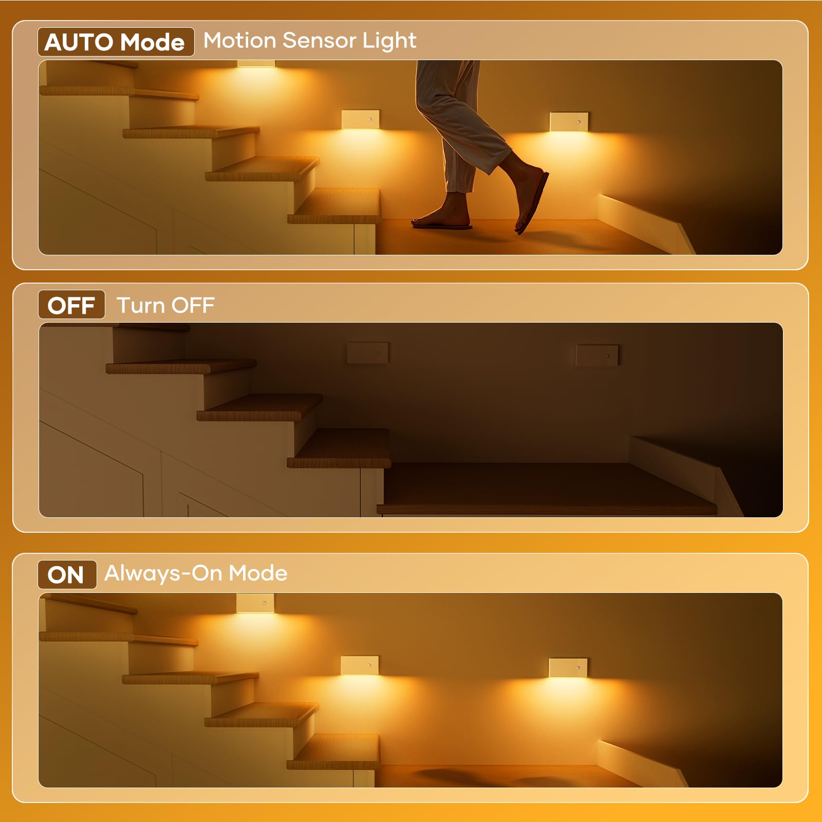 WILLED Veilleuse Détecteur De Mouvement 3 Modes (AUTO/OFF/ON), Lot De 6 Lampes LED Rechargeables, Lampe D'Escalier Détecteur De Mouvement (Sans Prise), Veilleuse Enfant Pour Couloir, Chambre,Escalier