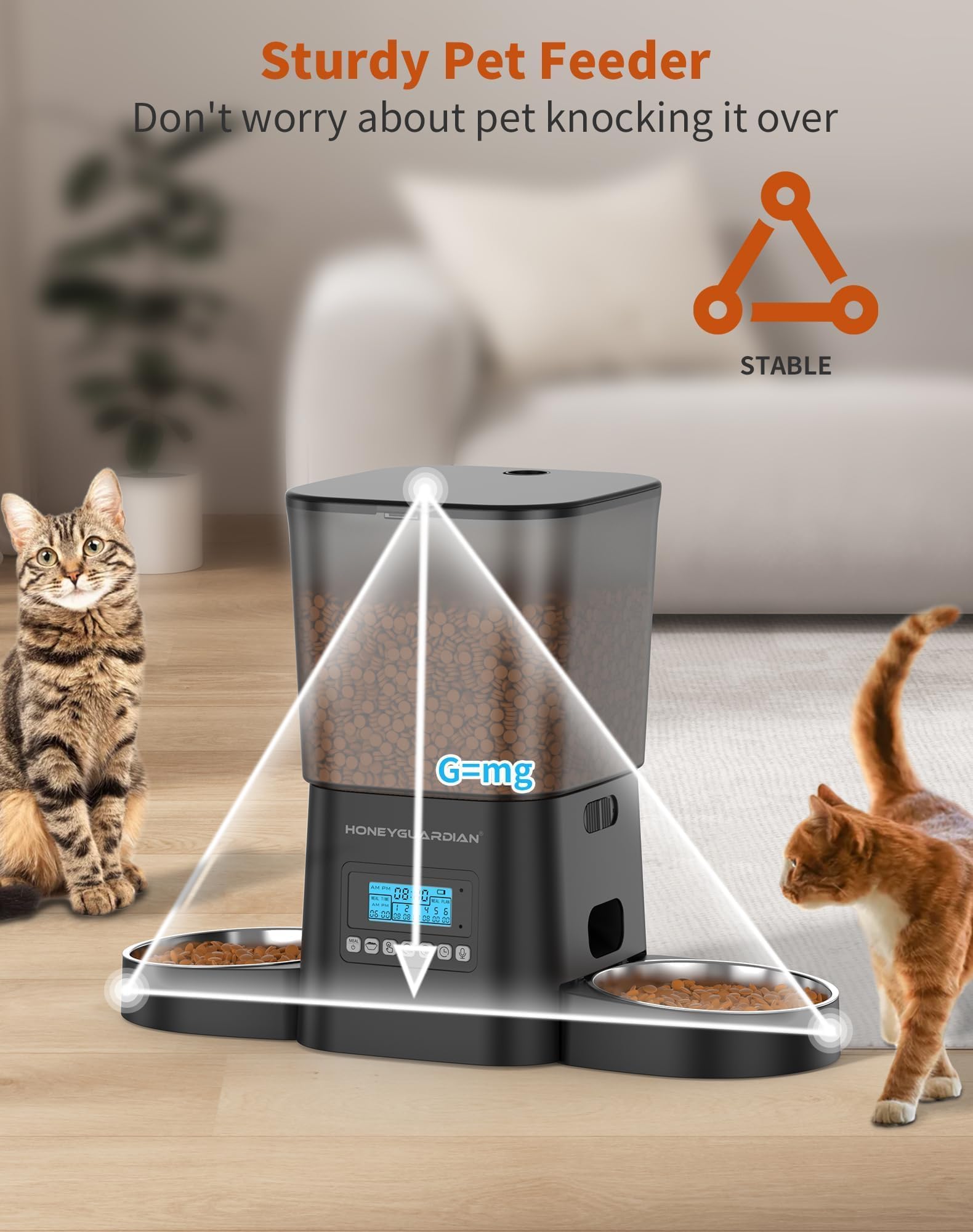 HoneyGuaridan Comedero Gato Automatico 2 tazones, Dispensador Comida para 2 Gatos y Perros con Temporizador, Alimentador Automatico Gatos Grabadora de Voz, 1-6 Comidas/día