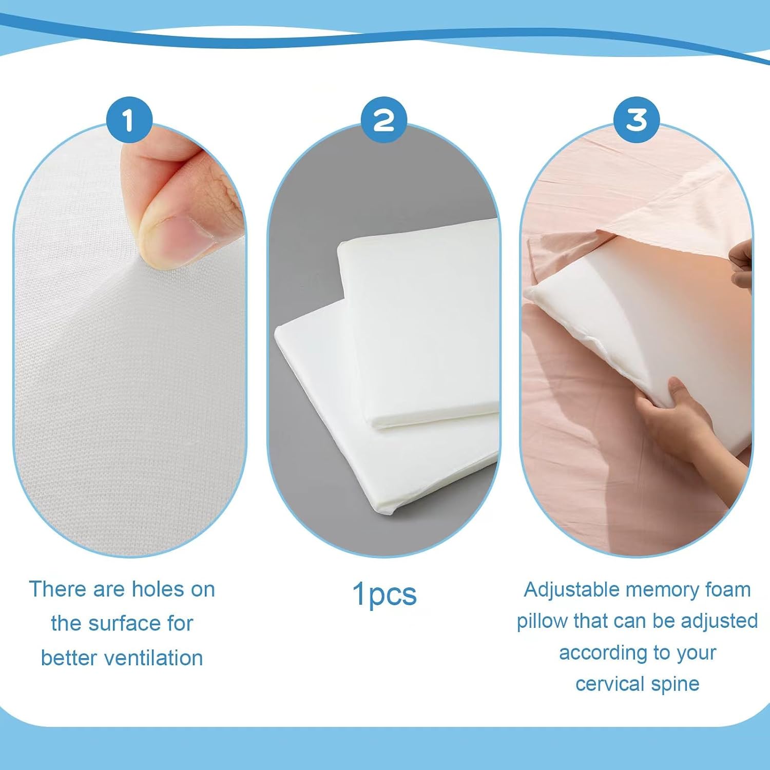 Beeveer 1 Pcs Adjustable Memory Foam Pillow, Medium Firm Thin Height 1.2'' Insert Slim Flat Pillow for Neck Support Neck Pain Relief for Back, Side, Stomach Sleeper (23.6'' x 14.2''x 1.2'', White)