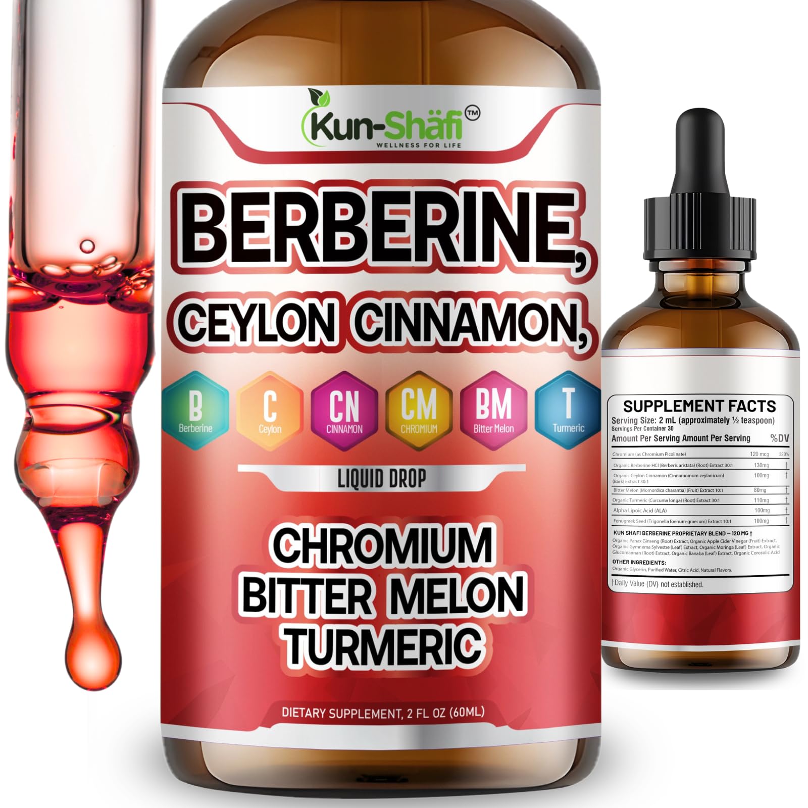 Berberine Liquid Drops with Ceylon Cinnamon, Bitter Melon, Chromium, Turmeric, ALA, Gymnema & Fenugreek - 3900mg Equivalent Blood Sugar & Metabolism Support for Men & Women - 2 fl oz