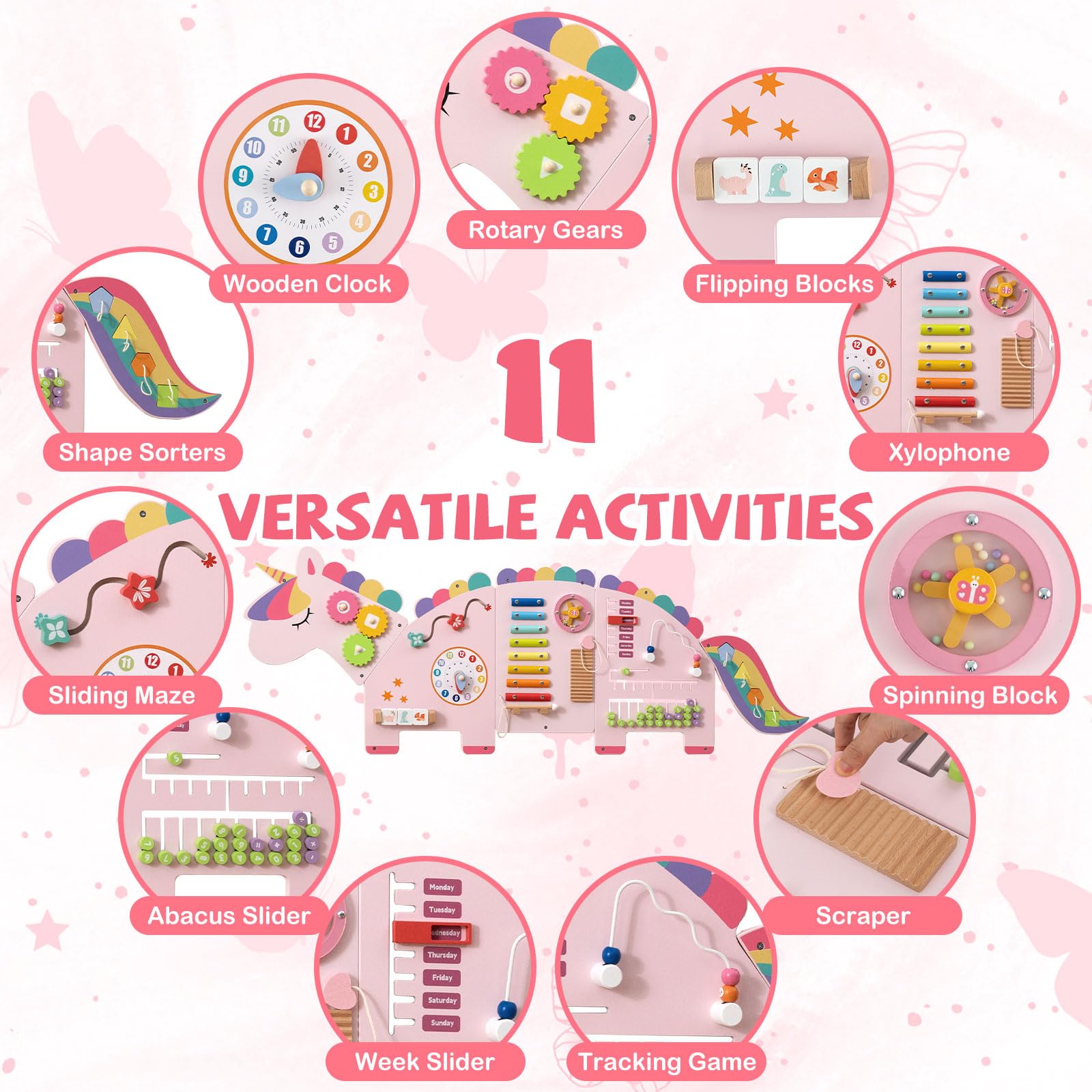 FANTASK Tabla de motricidad de Madera, Montessori Busy Board 11 en 1 con Bloques de xilófono ábaco para la promoción temprana, Juguete Educativo para el Desarrollo de la motricidad Fina para niños