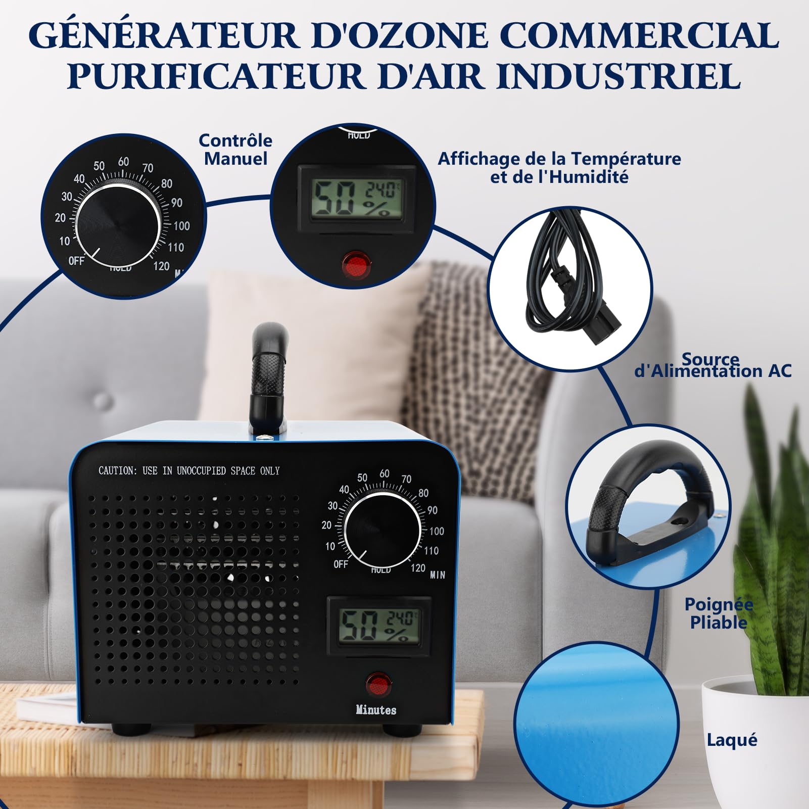Générateur d'Ozone Domestique 40000 mg/h Purificateur d'Air Générateur O3 Commercial Industriel 120W avec Minuterie 0-120min, Machine à Ozone Portable pour Éliminer des Odeurs(Blanc)
