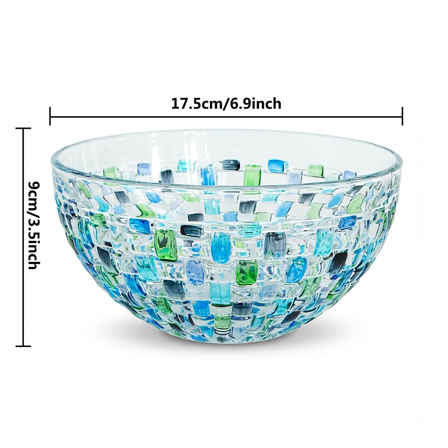 Insalatiera in vetro di cristallo blu dipinta a mano, diametro 17,5 cm. Ciotola decorativa in vetro per mescolare per casa, ufficio, decorazione per matrimoni, frutta, snack, dessert