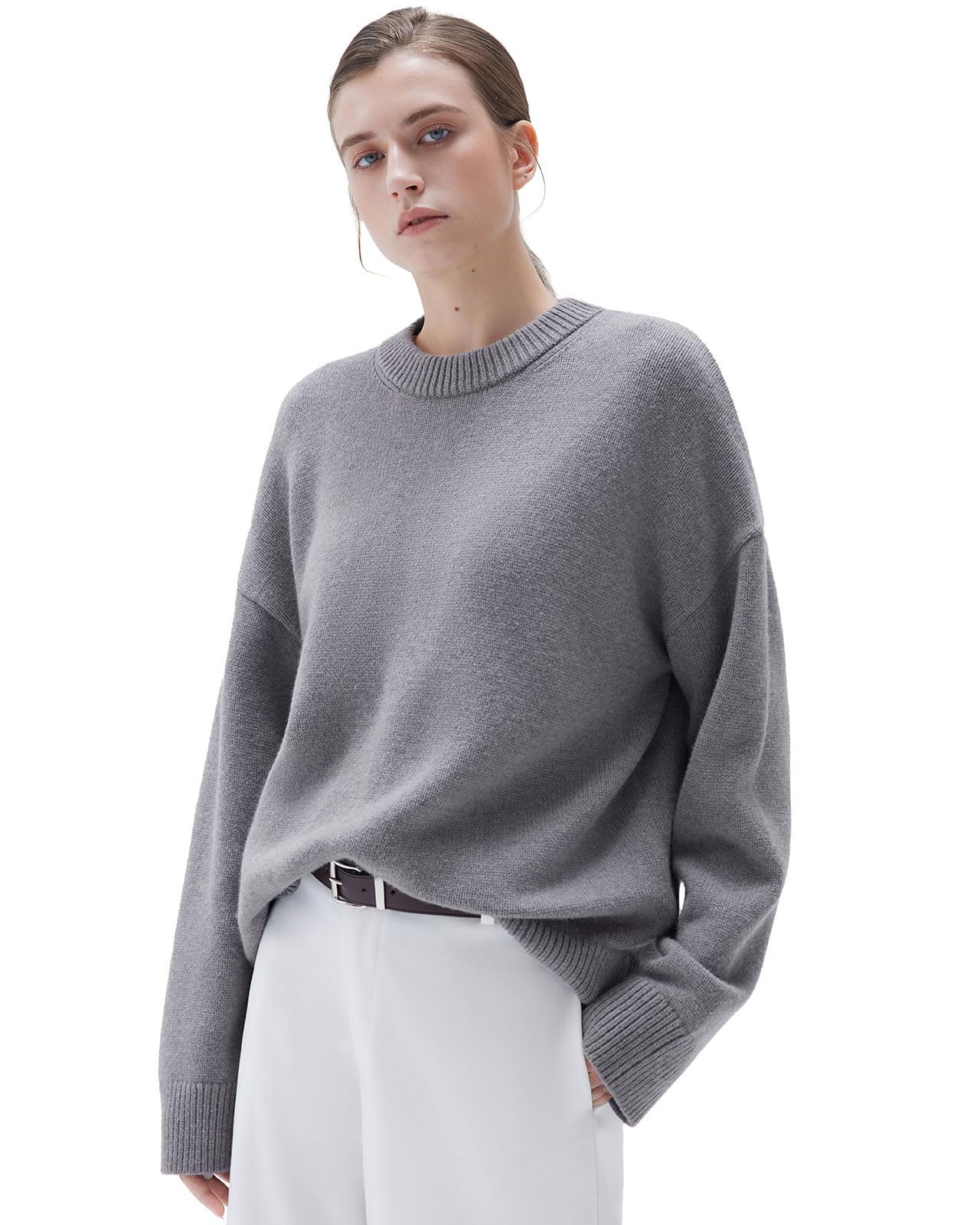 SUUKSESS Women Cashmere Blend Oversized Crew Neck Long Sleeve Pullover Sweaters