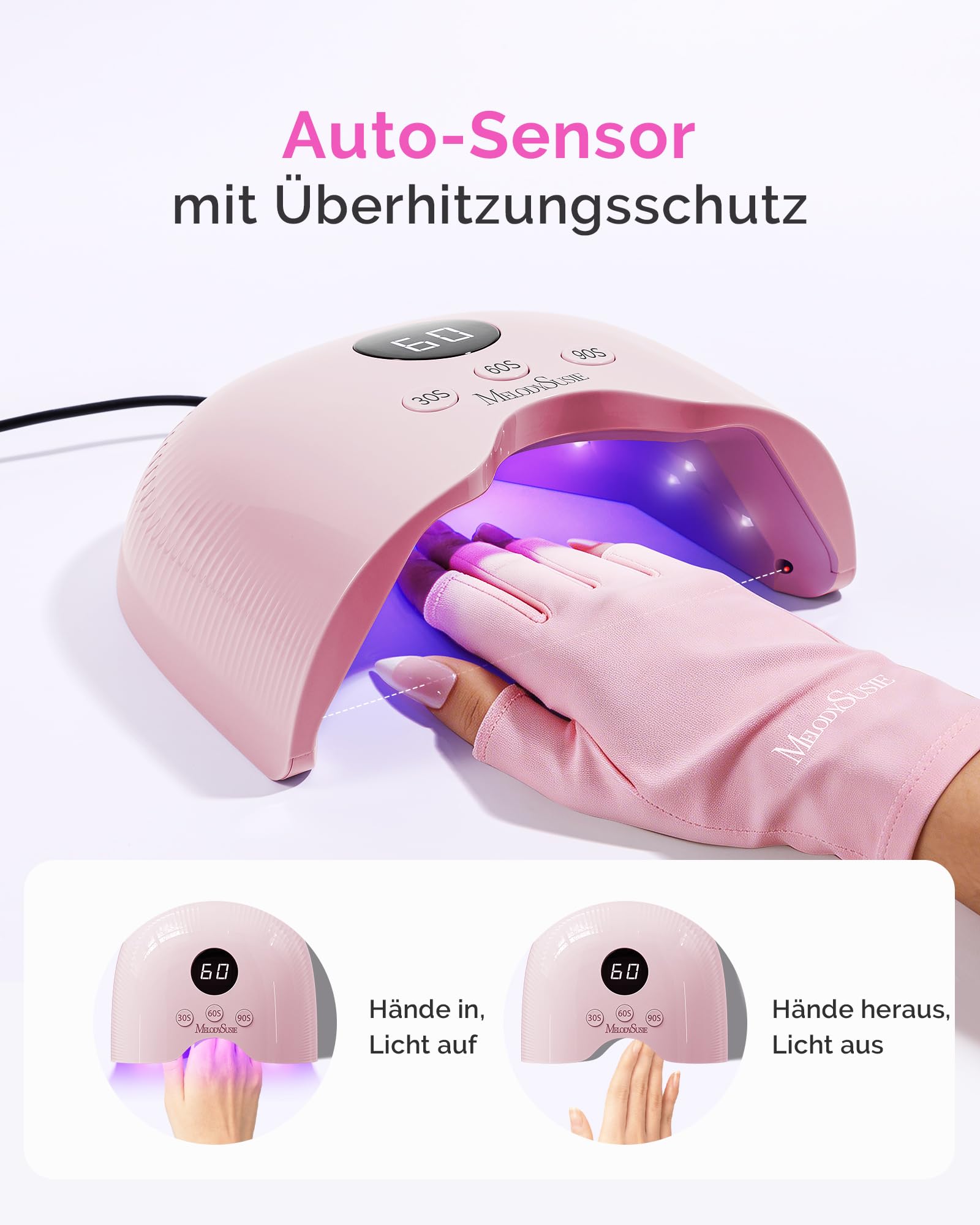 MelodySusie 24W UV Lampe für Gelnägel mit UV Schutzhandschuhe, P-PLUS30A LED Nageltrockner mit Smart Sensor & LCD Display, 3 Timer Lichthärtungsgerät für Nailart DIY Anfänger, Rosa