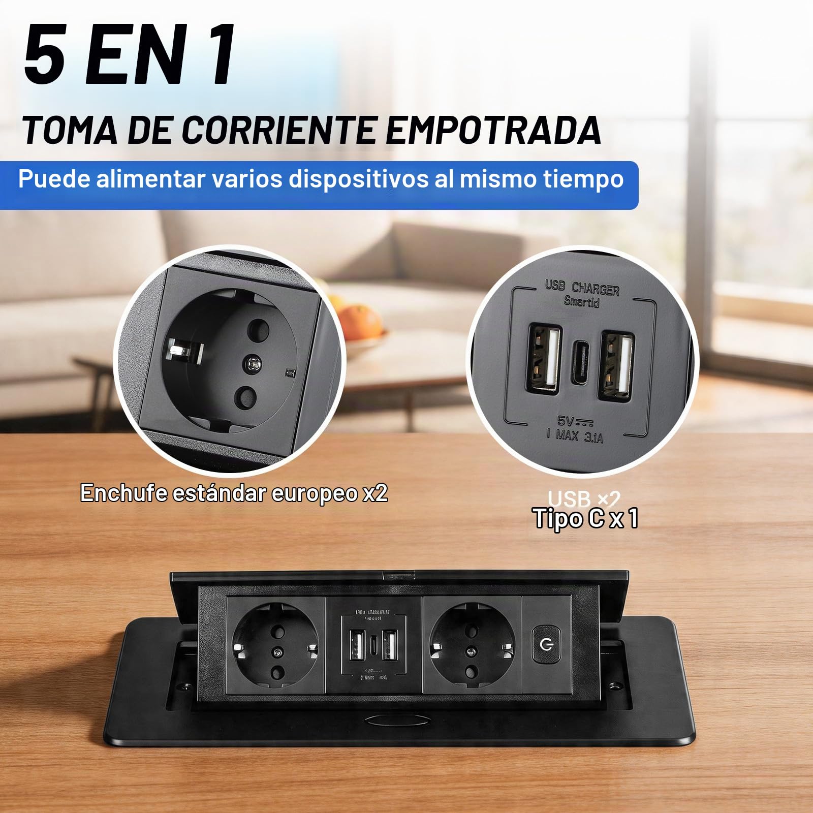 CPROSP Regleta Empotrable de Mesa con 2 Enchufes y 3 USB (2A+1C)
