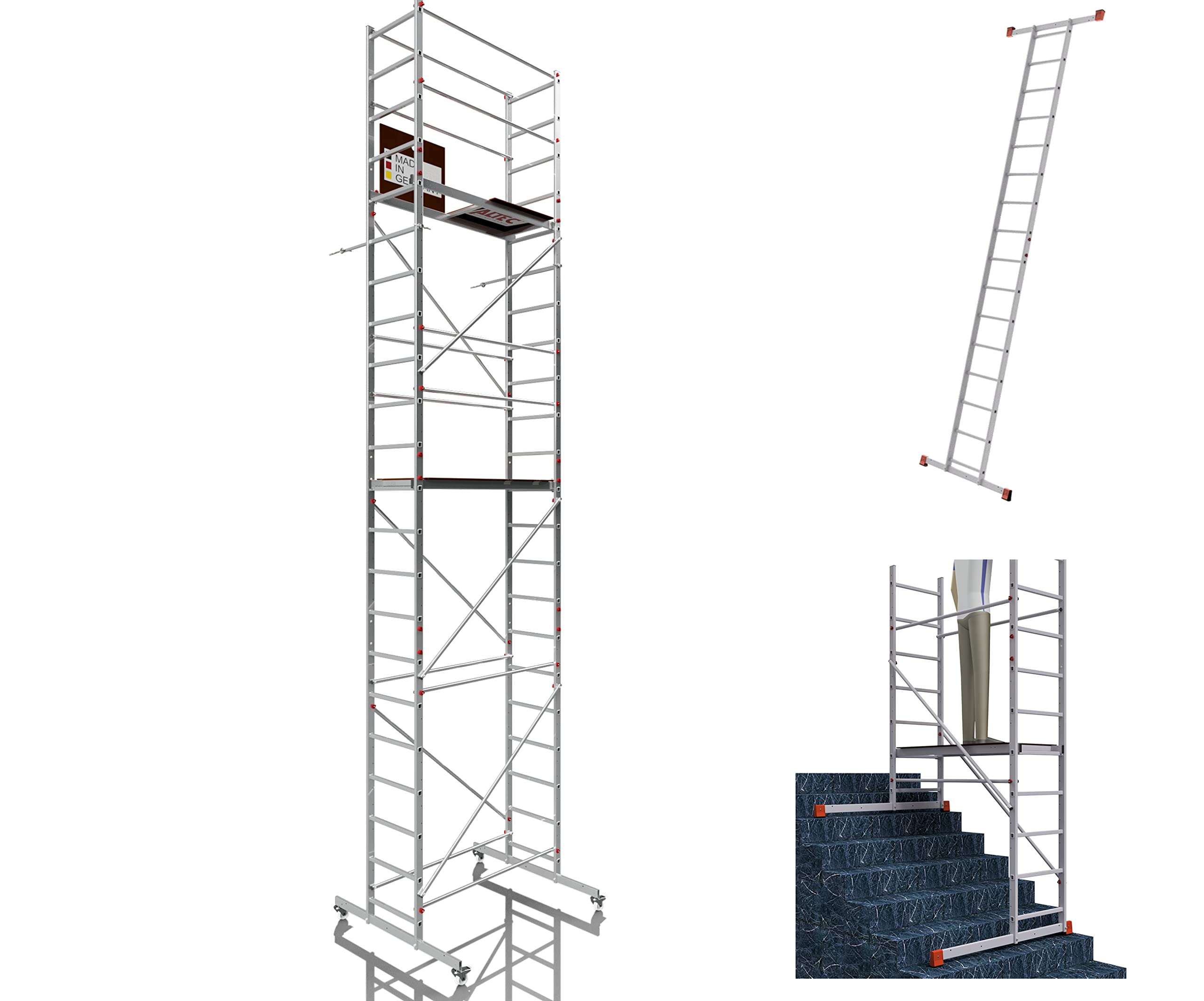 ALTEC AluCombine 3.0 - Échafaudage roulant en aluminium avec traverse, 4 roulettes pivotantes freinables et ancrage mural - Échafaudage de montage - Échelle simple (7 m)
