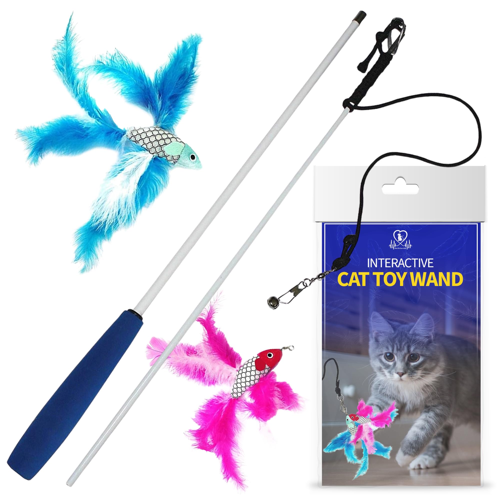 Pet Fit For Life Cat Feather Wand Toys – Interactive Cat Wand Toy for Indoor Pets | 2 Feathery Fish Attachments | Promotes Animal Health & Fitness, Made w/Soft & Durable Materials | Gift