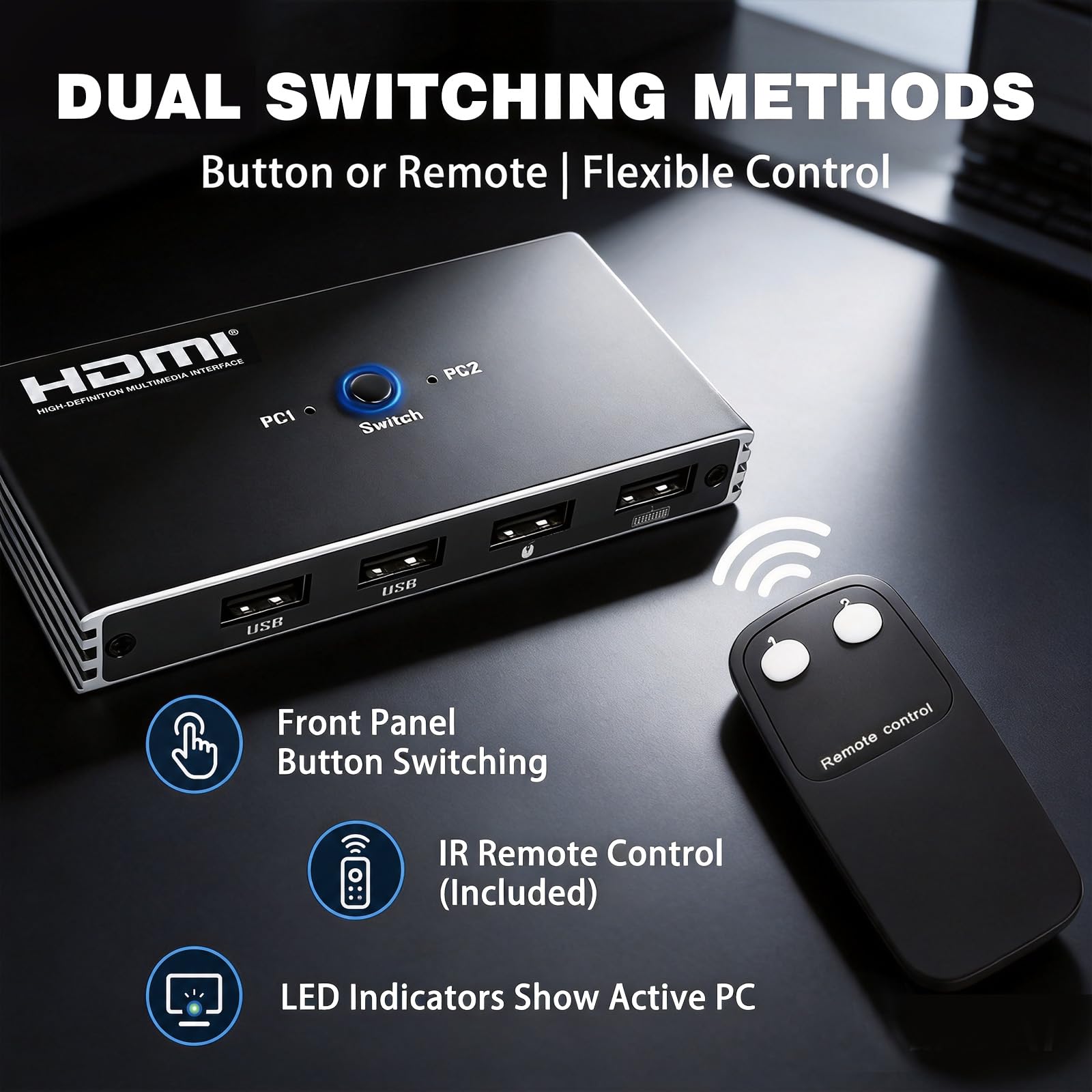 Przełącznik KVM HDMI 2 Komputery 1 Monitor 4K 60Hz USB-A Dla Win/Mac/Linux | Plug&Play, porty USB 2.0, kompatybilność z systemami Windows/Mac/Linux, idealne do gier i pracy zdalnej, stabilne i trwałe