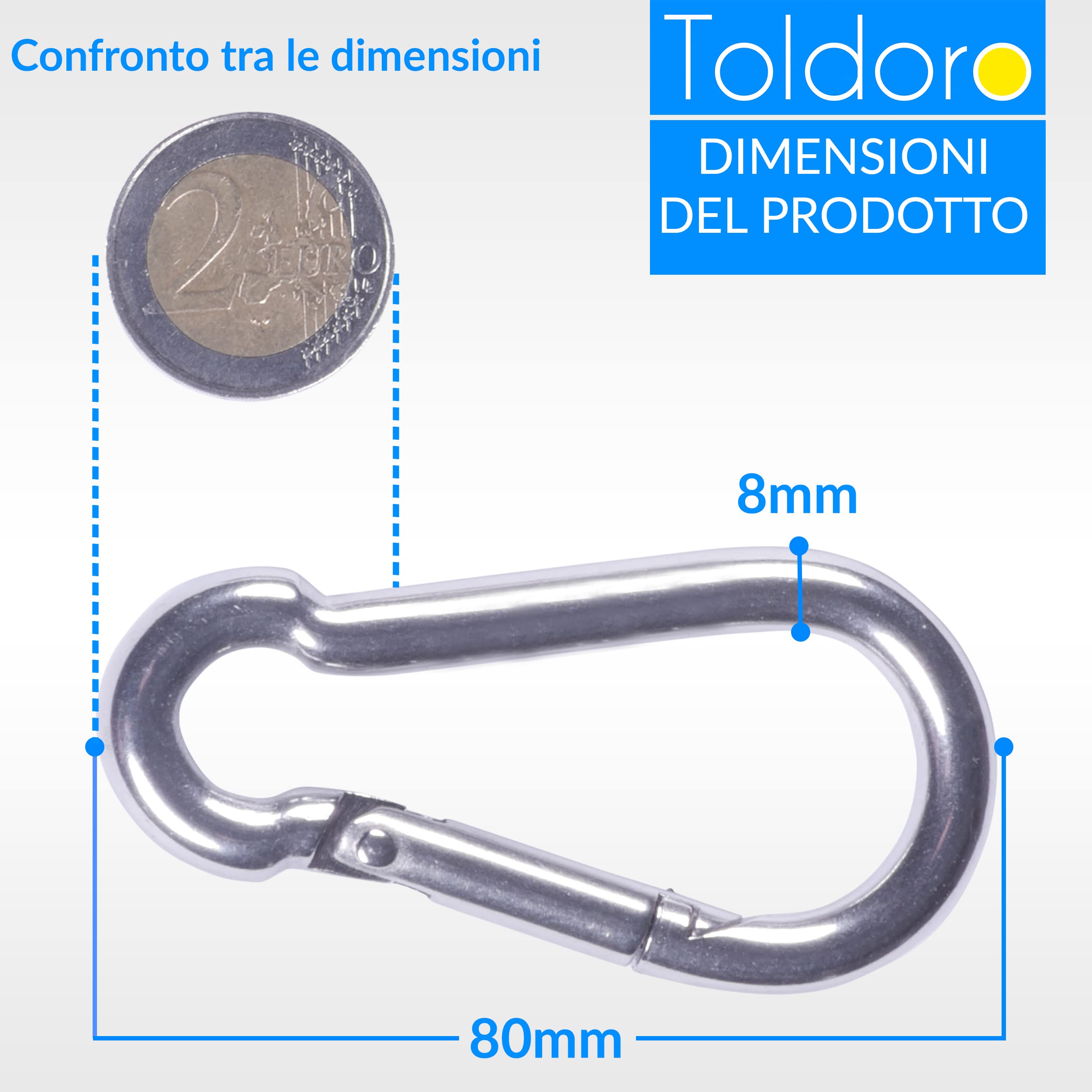 Toldoro® 5x Moschettone acciaio inox 8x80mm / Moschettone multifunzione per altalena, campeggio o slackline/Carabiner/Set di moschettoni grande