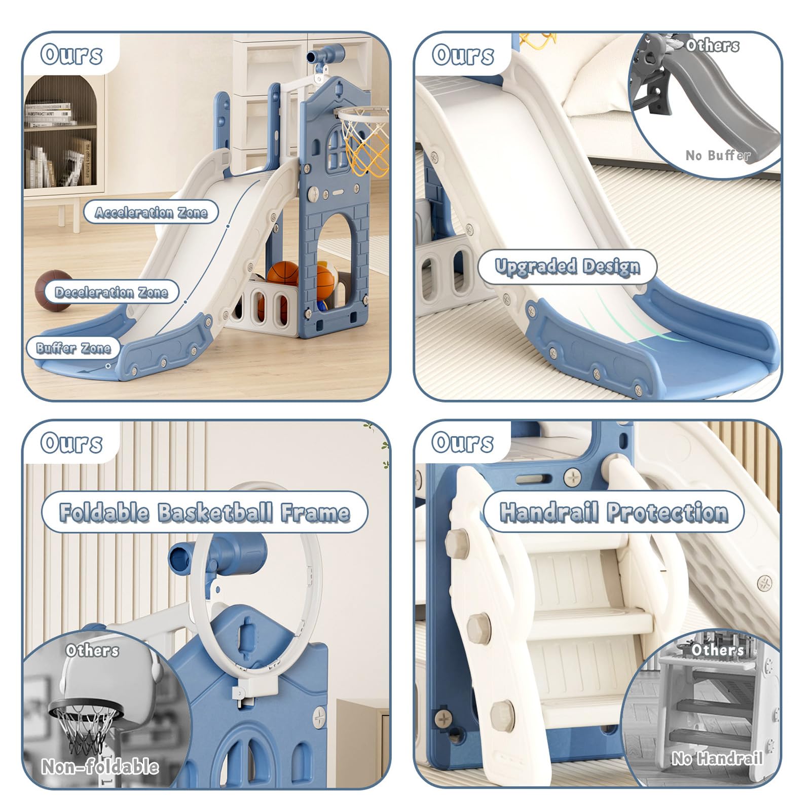 FAYDUUD Tobogán para Niños 4 en 1 con Canastas Baloncesto Tobogán Slide Infantil Interior y Exterio y escaleras Antideslizantes, fácil Montaje, para niños 1-3 años (Gris Azul)
