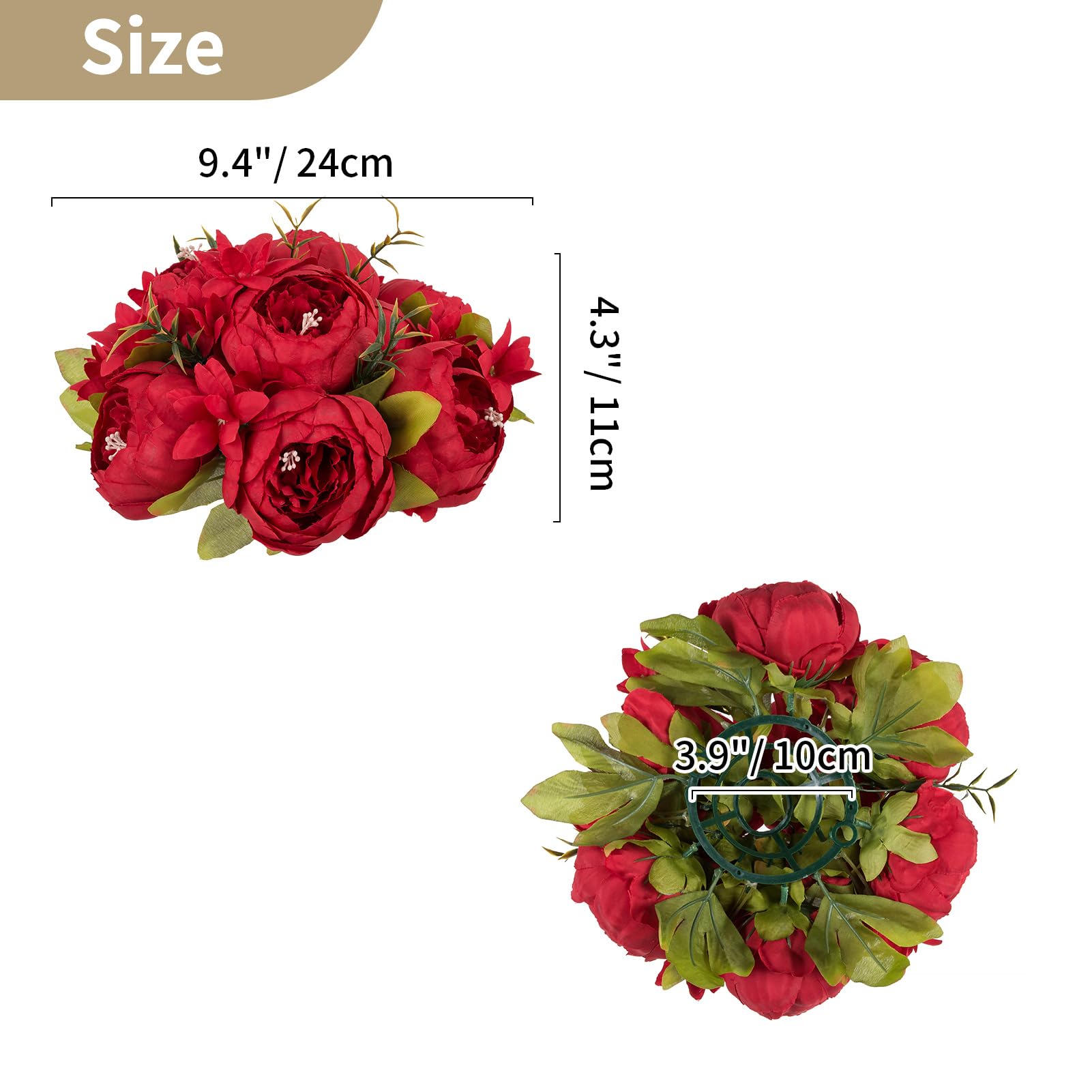 Nuptio Fiore Artificiale Peonia per Centrotavola: 2 Pezzi 24cm di Diametro Rosso Fiori Finti Palla Disposizione Seta Bouquet da Sposa Centrotavola di Nozze per Tavolo Decorazioni Casa
