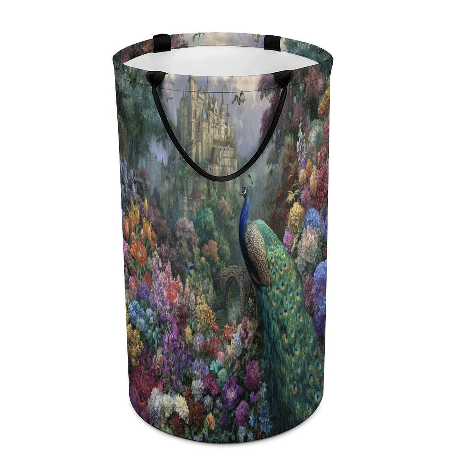 LUYYSKY Rustic Retro Birds Peacocks Versatile Storage Laundry Basket, Modern Elegant Forest Castles Animals Peacocks Plants Floral Large Capacity Bathroom Hamper With Handle
