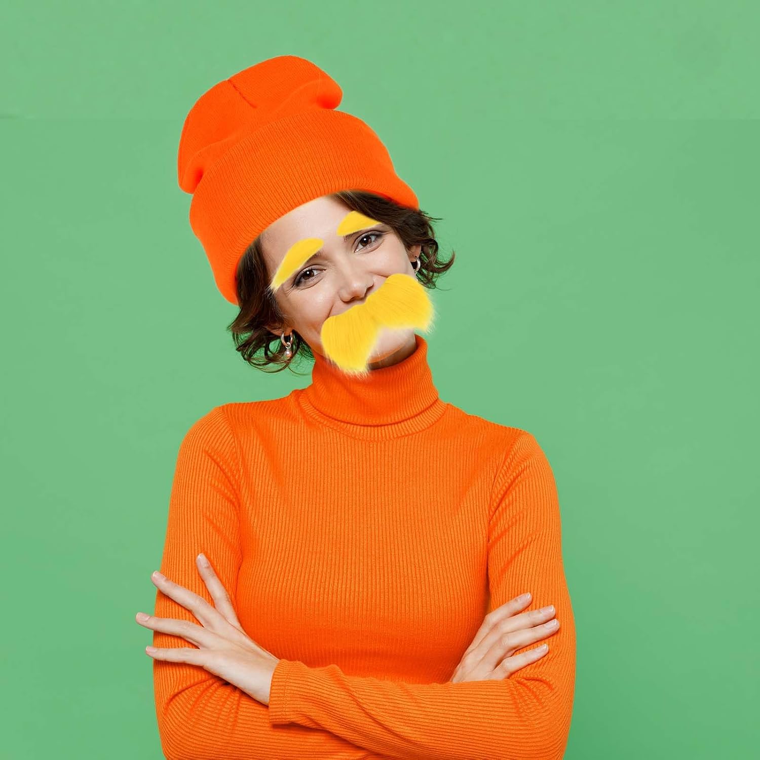 Kavoc Halloween Orange Role Play Costume Set Knit Hat and Yellow Self Adhesive Mustache Eyebrows Set