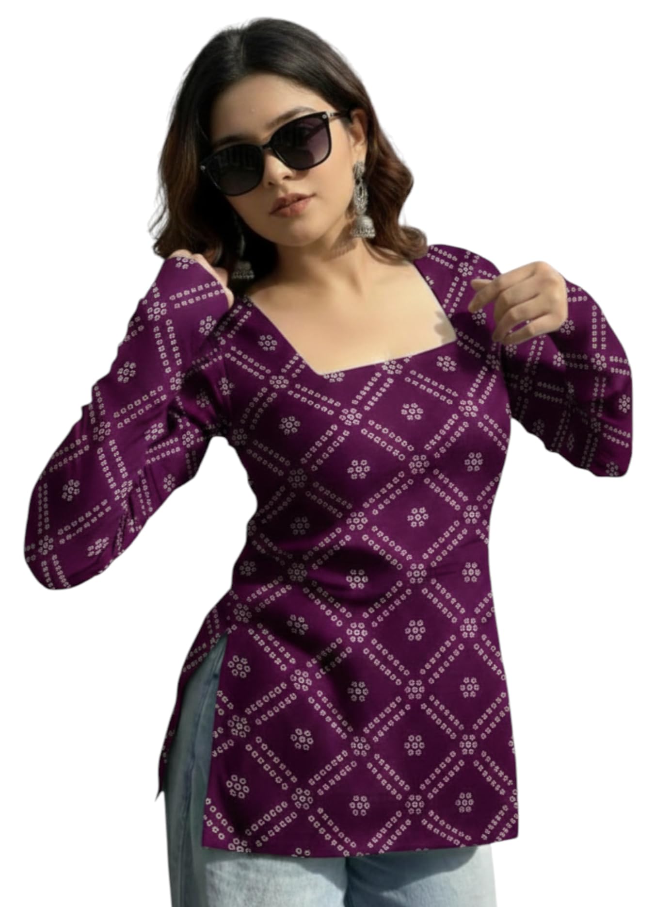 alie NK Shopping Women Floral Printed Rayon Short Kurti | Square Neck | Full Sleeve | Back Dori Tie-Up | Stylish Kurti Top for Jeans & Pants-picture-35