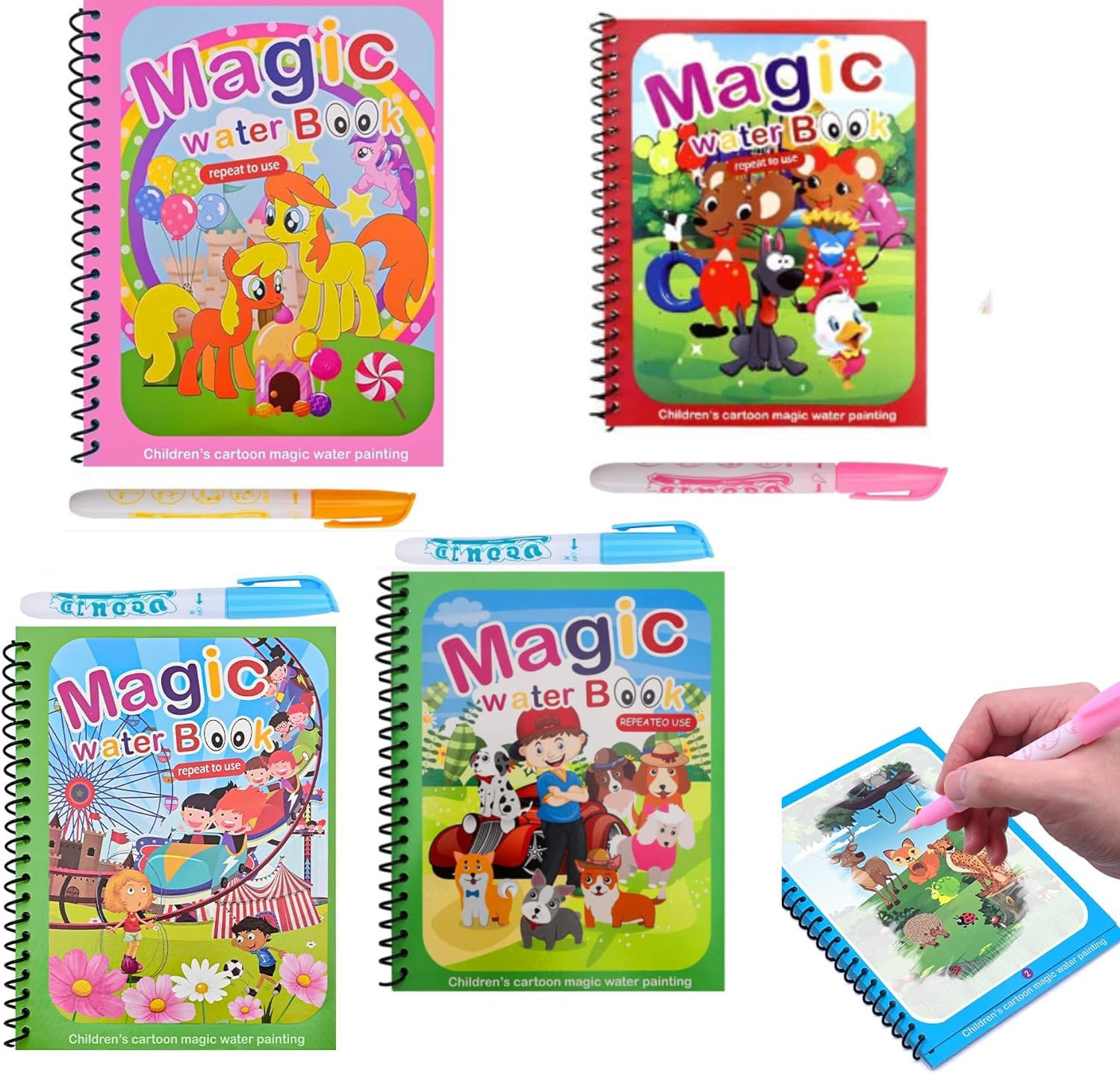 Libro Magico Agua, 4 Libros Agua Dibujo Pintura Libro Mágico para Colorear Niños con 4 Plumas de Pintura Doodle, Reutilizable Cuadernos para Colorear Niños Colores Magicos Tablero de Pintura Regalo