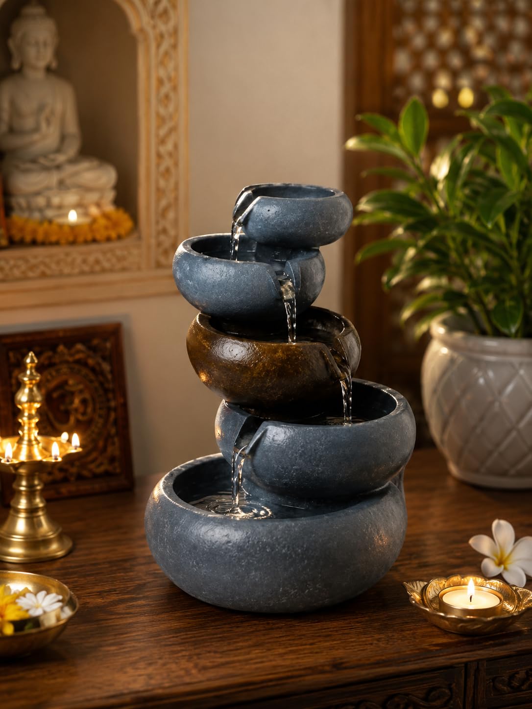 20-Inch 4-Tier Cascading Bowl Tabletop Water Fountain with LED | Indoor & Outdoor Use, Vastu Showpiece, Home & Office Décor, Electric Powered, Cascading Waterfall-image-40