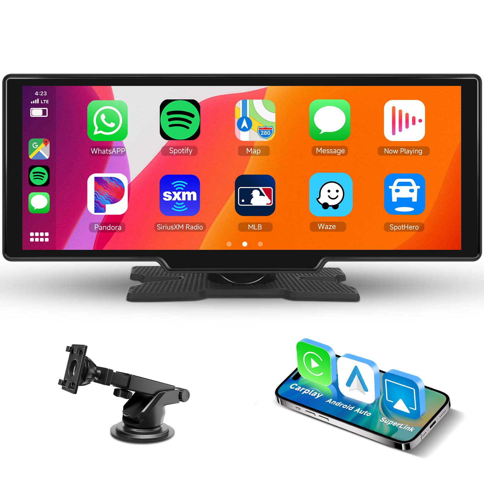 Wireless Carplay Screen for Car, Hodozzy 10,26 Inch Carplay & Andrid Auto Touch Screen Radio for Car,Bluetooth/Mirror Link/Super Link, Voice Control/TF Card/AUX, Portable Car Stereo