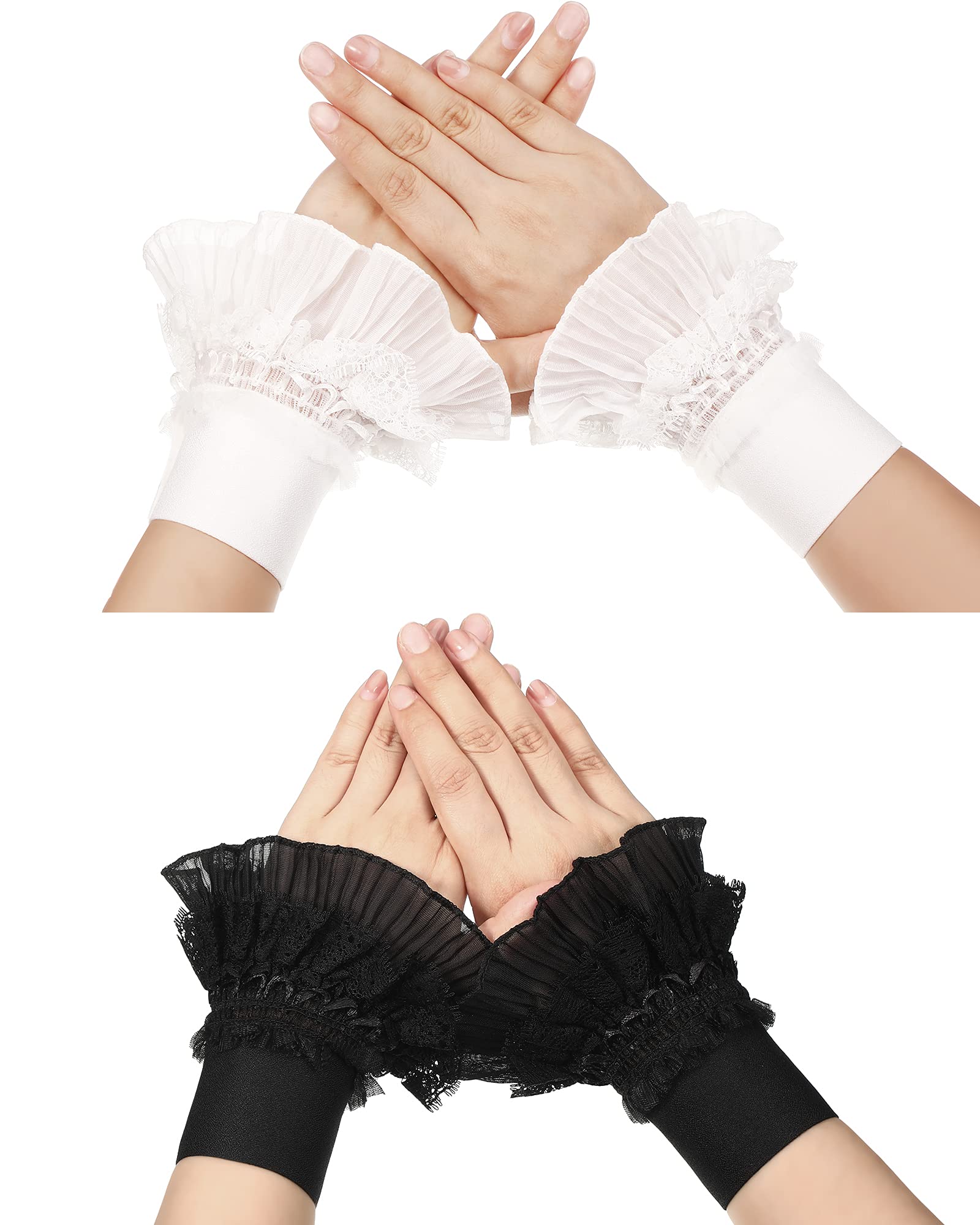 ChuarryFloral Layered Cuff 2 Pairs Lace Stretch Jabot Cuffs Lace Wrist Cuff Fake Sleeves Black White Lace Jabot Cuffs Costume Accessory