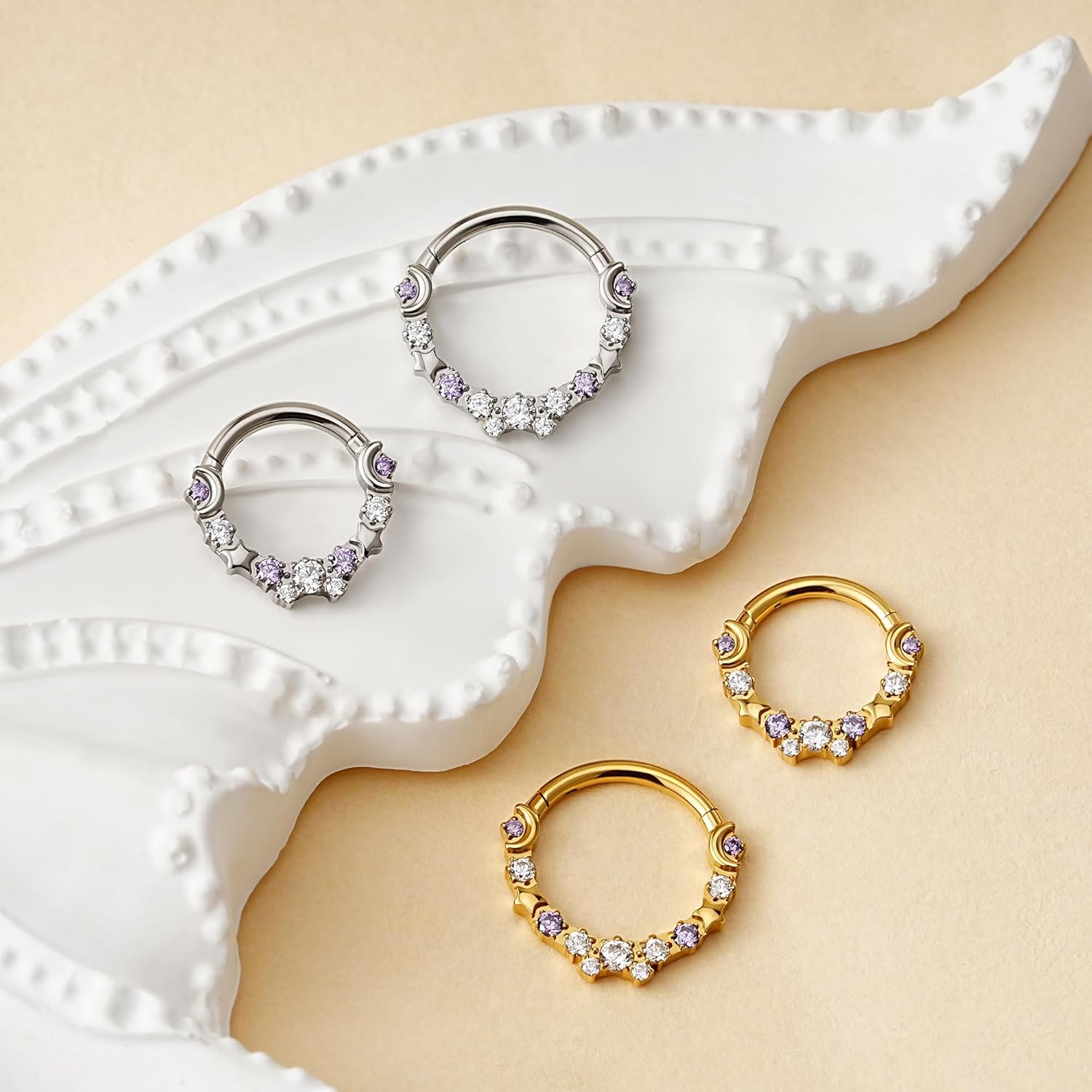 FINE4U Celestial Titanium Hoop Collection - 16G 8mm/6mm ASTM F136 Titanium Star & Moon Daith, Cartilage, Septum Piercing Jewelry - Seamless Hinged Clicker Hoops - Image 4