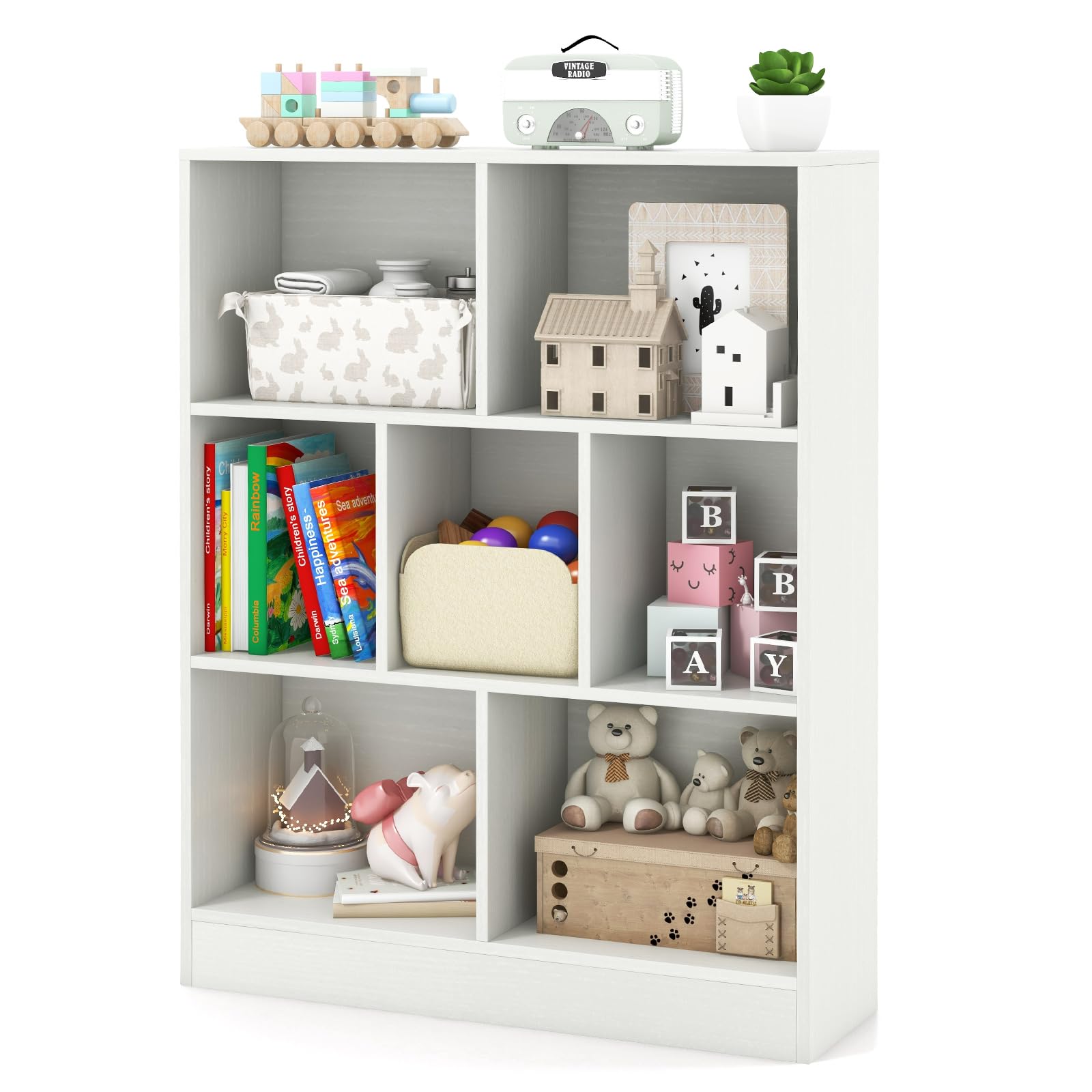 HONEY JOY Kids Toy Storage Organizer, 7-Section Wooden Floor Storage Cabinet, 41” Daycare Toy Chest, 3-Tier Kids Display Bookshelf for Classroom,