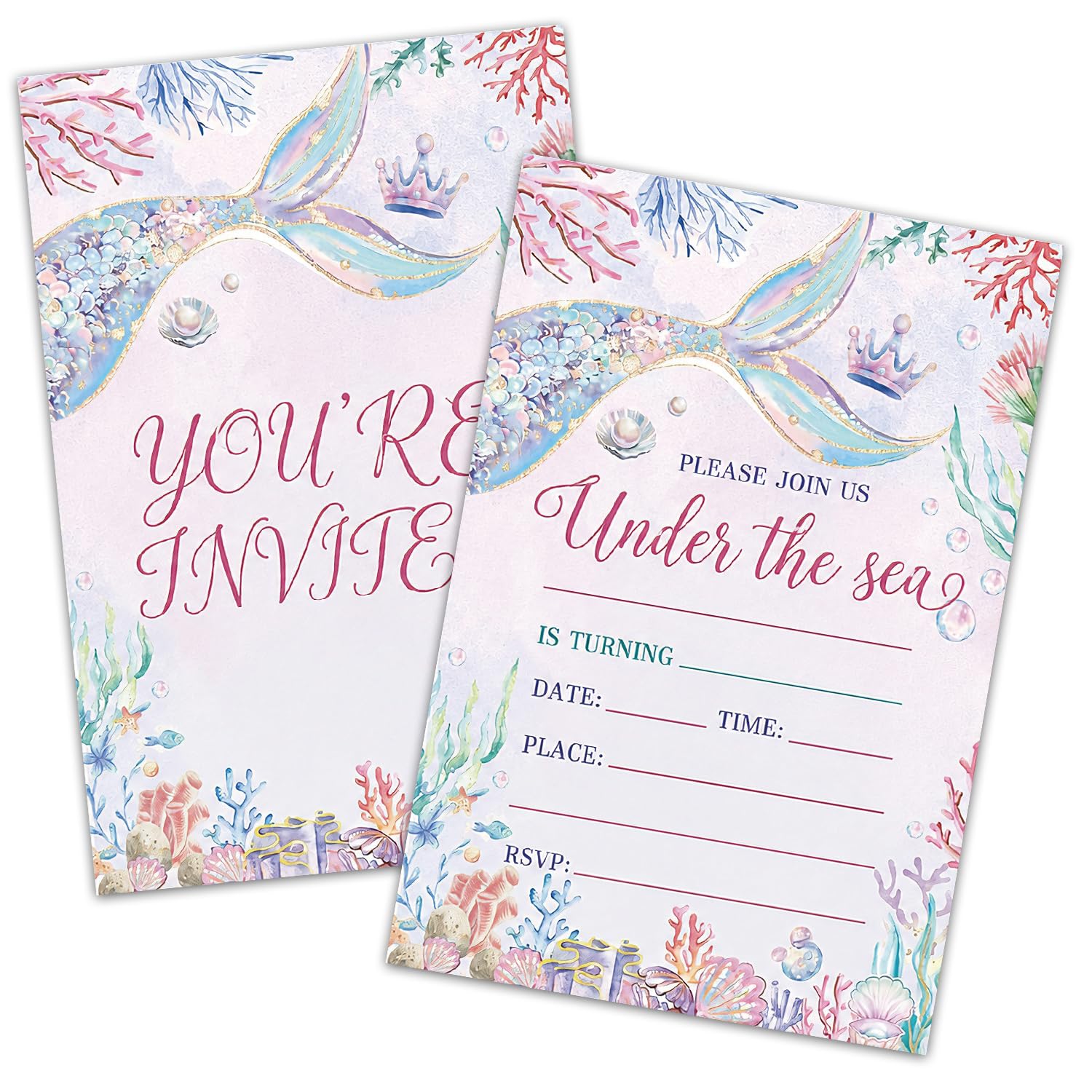 25pcs Birthday Invitations for Girls, Lovely Mermaid Themed Party Invitations Cards, Double-Sided Birthday Party Invitations for Enchanting Birthday Celebrations, Girls' Themed Events