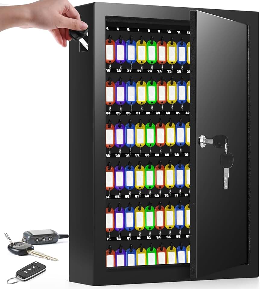 Nebakne 125 Position Key Cabinet Wall Mount with Anti-Theft Deposit Key Slot, Key Box Organizer with Key Hooks &amp; 125 Tags Key Labels, Key Safe for Hotels &amp; Office &amp; Companies &amp; Car Dealerships