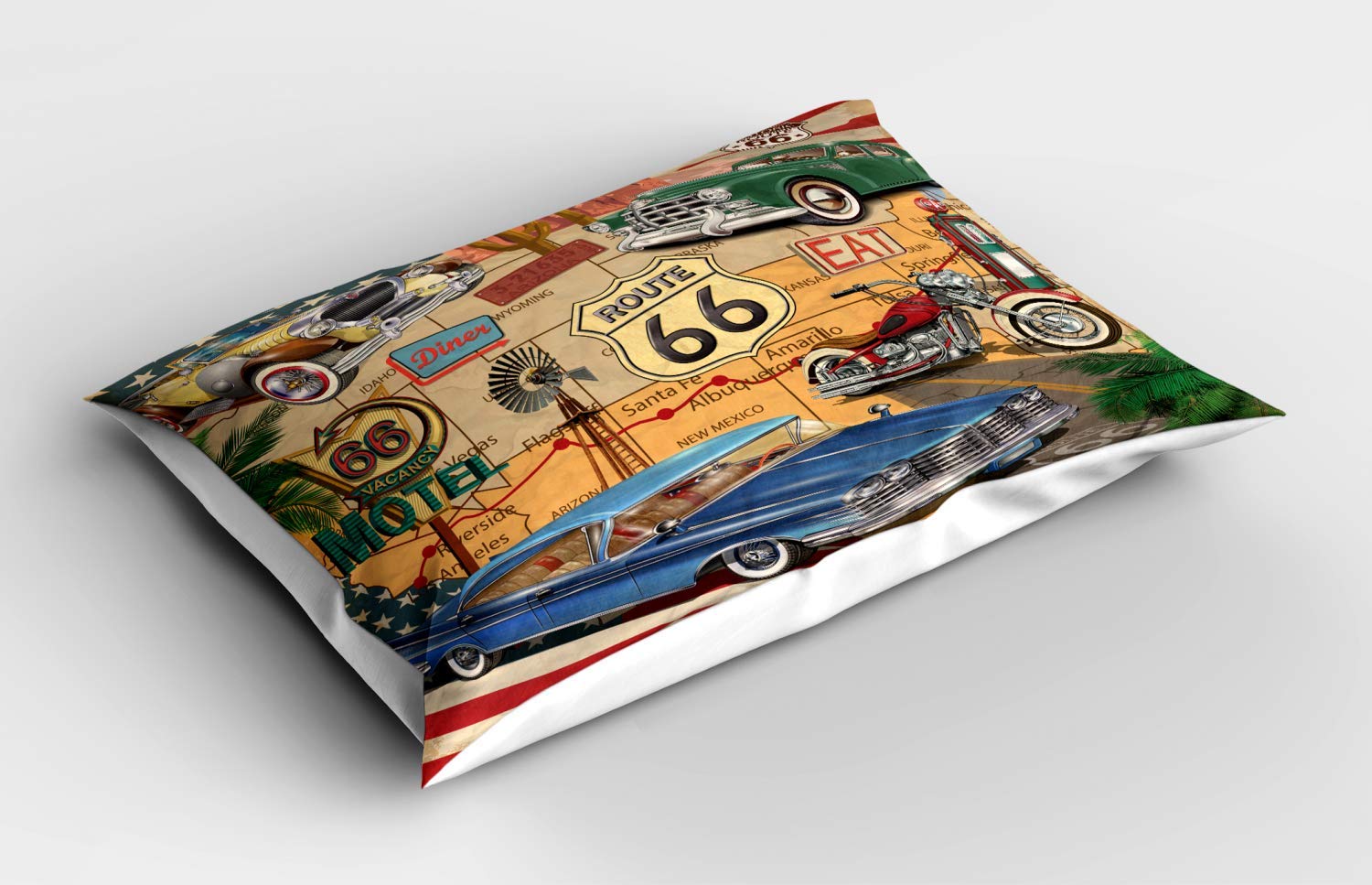 Lunarable Route 66 Pillow Sham, Old Fashioned Cars Motorcycle on a Map Road Trip Journey American USA Concept, Decorative Standard King Size Printed Pillowcase, 36