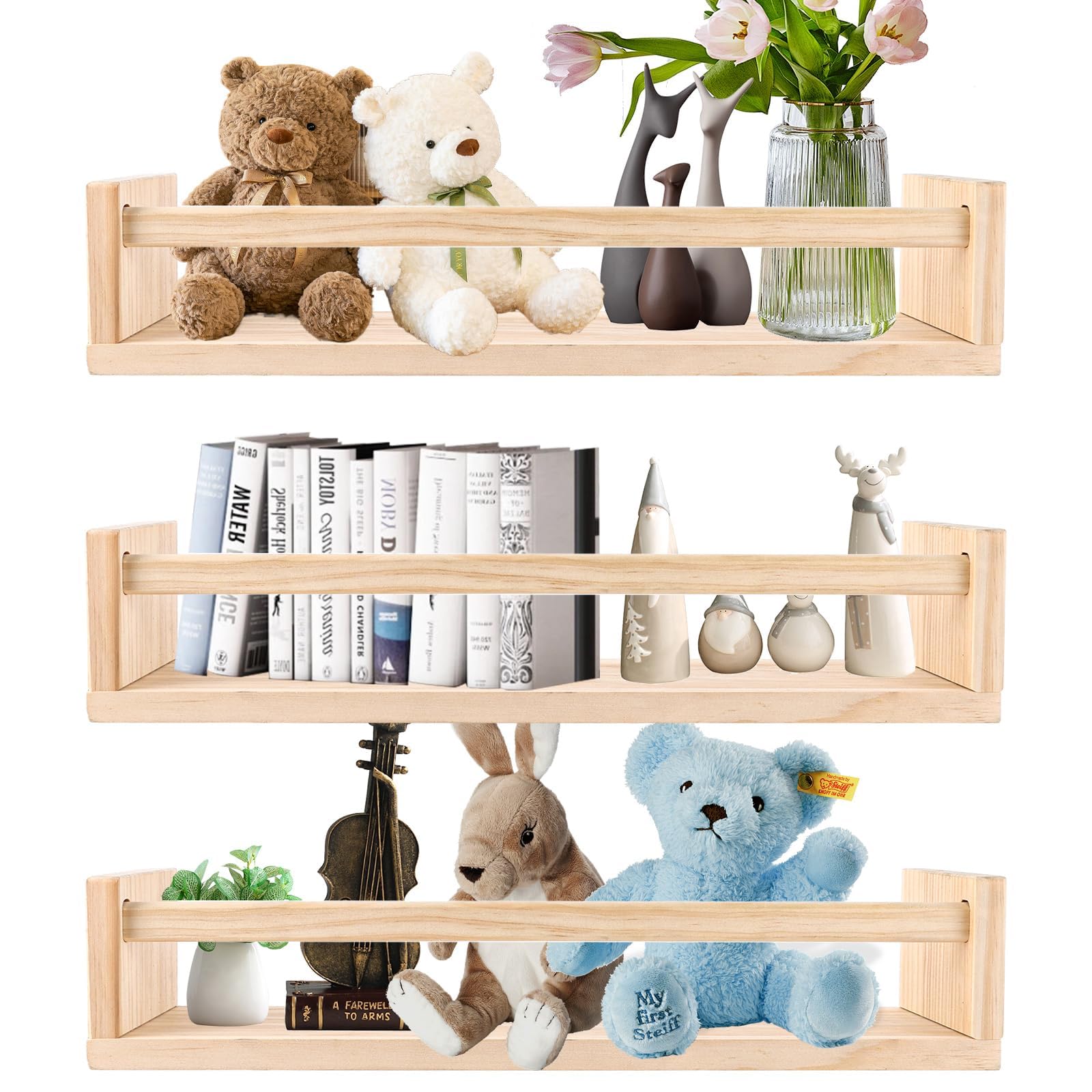 3 Piezas Baldas Flotantes Pared, Estantería Pared Madera de Pino 42x10x9 Cm con Tornillos y Tacos, Repisas Decorativas para Dormitorio, Cocina, Baño y Salón