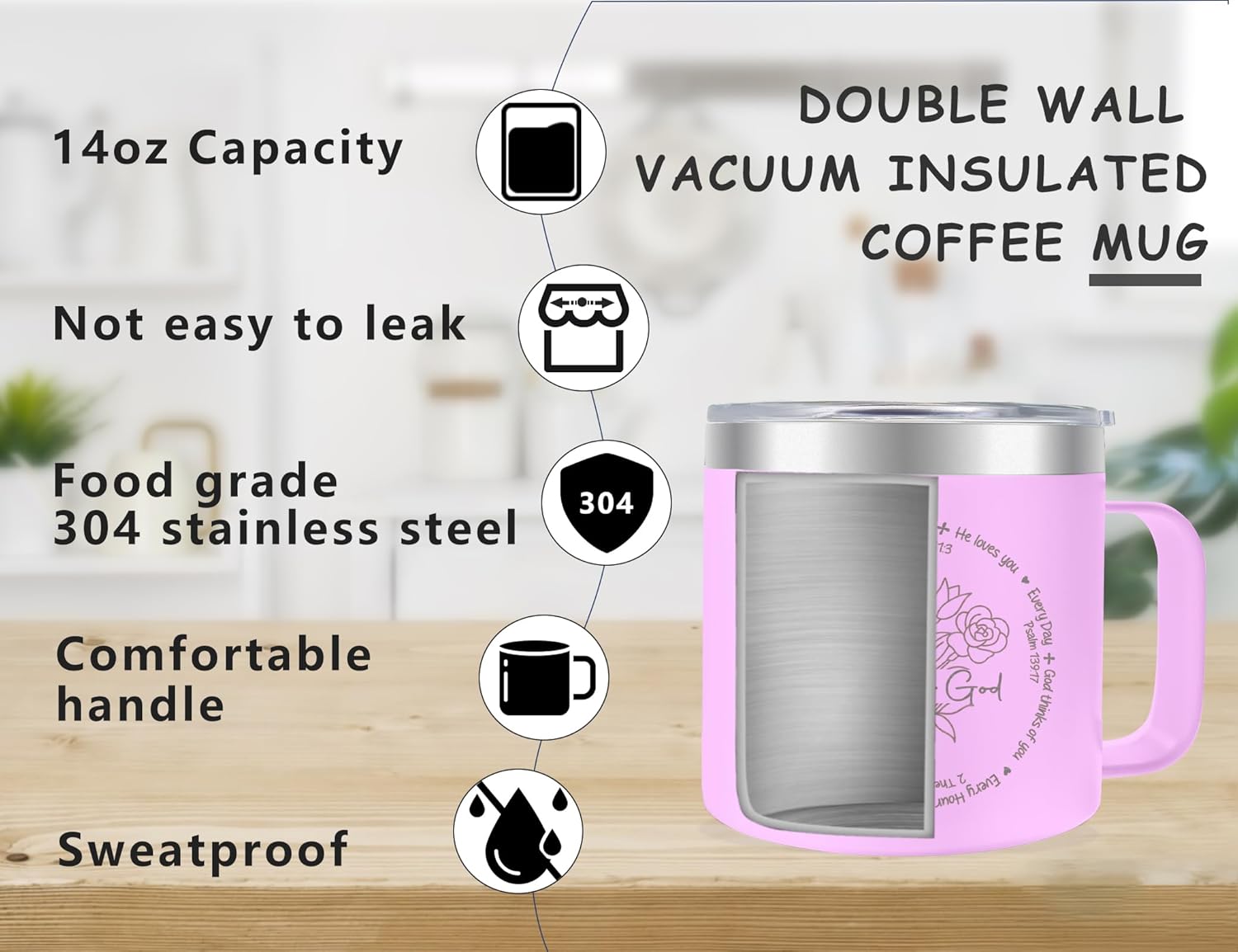Christian Mugs for Women Faith - Child of God Bible Gifts for Women -14oz Pink Christian Mugs Insulated Stainless Steel with Lid - Image 3