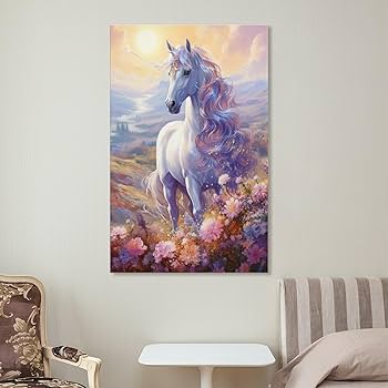 Amazon.co.jp: 絵画 花畑の白いユニコーンインテリア 絵画 馬 アート