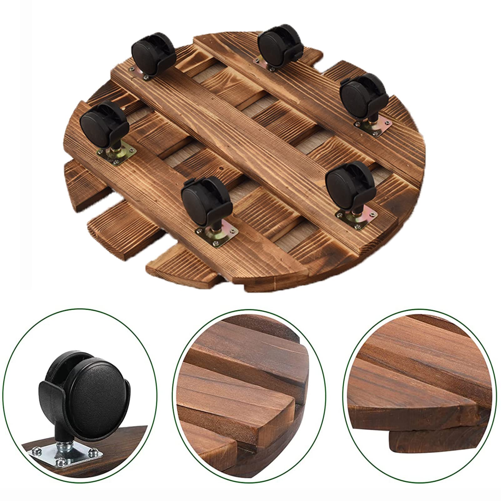 Carrello Portavasi In Legno Con Ruote: Sottovaso Rotondo Diametro 35cm Per Interni Ed Esterni