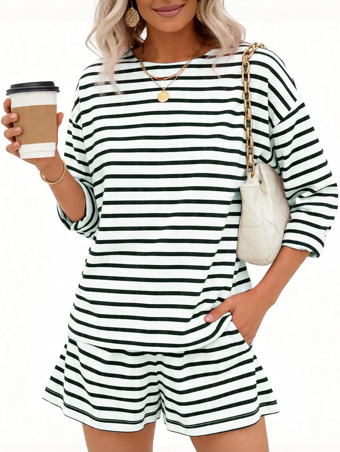 Flygo Striped 2 Piece Short Sets for Women Casual Cotton Long Sleeve Pullover Top Matching Pj Shorts Lounge Sets with Pockets
