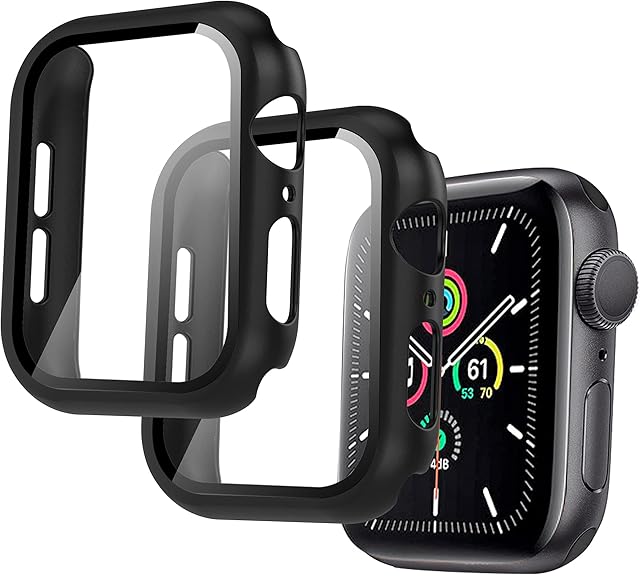 Arae 2 Pack Hard Case Compatible for Apple Watch Series 6 5 4 SE 40mm with Tempered Glass Screen Protector, Full Protection Touch Sensitive Rugged Cover - Black